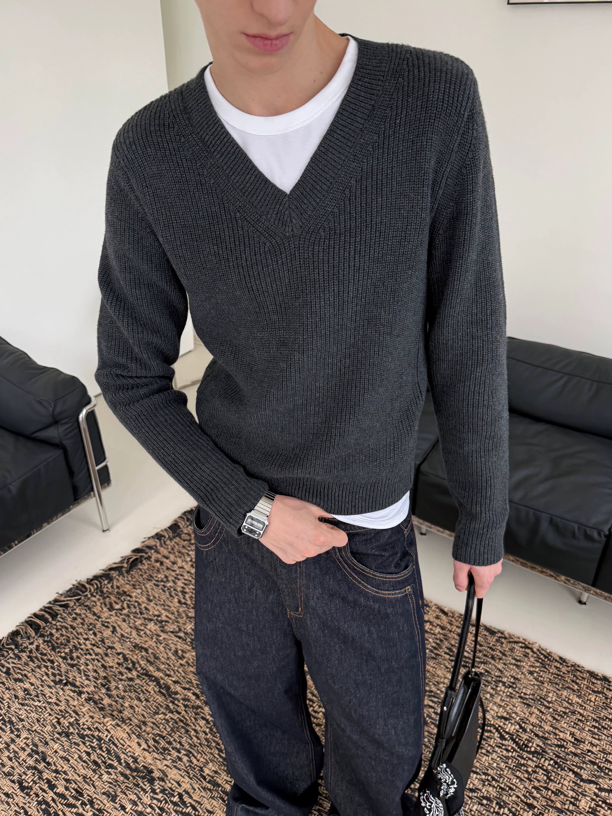 Graphite V‑Neck Knit Sweater