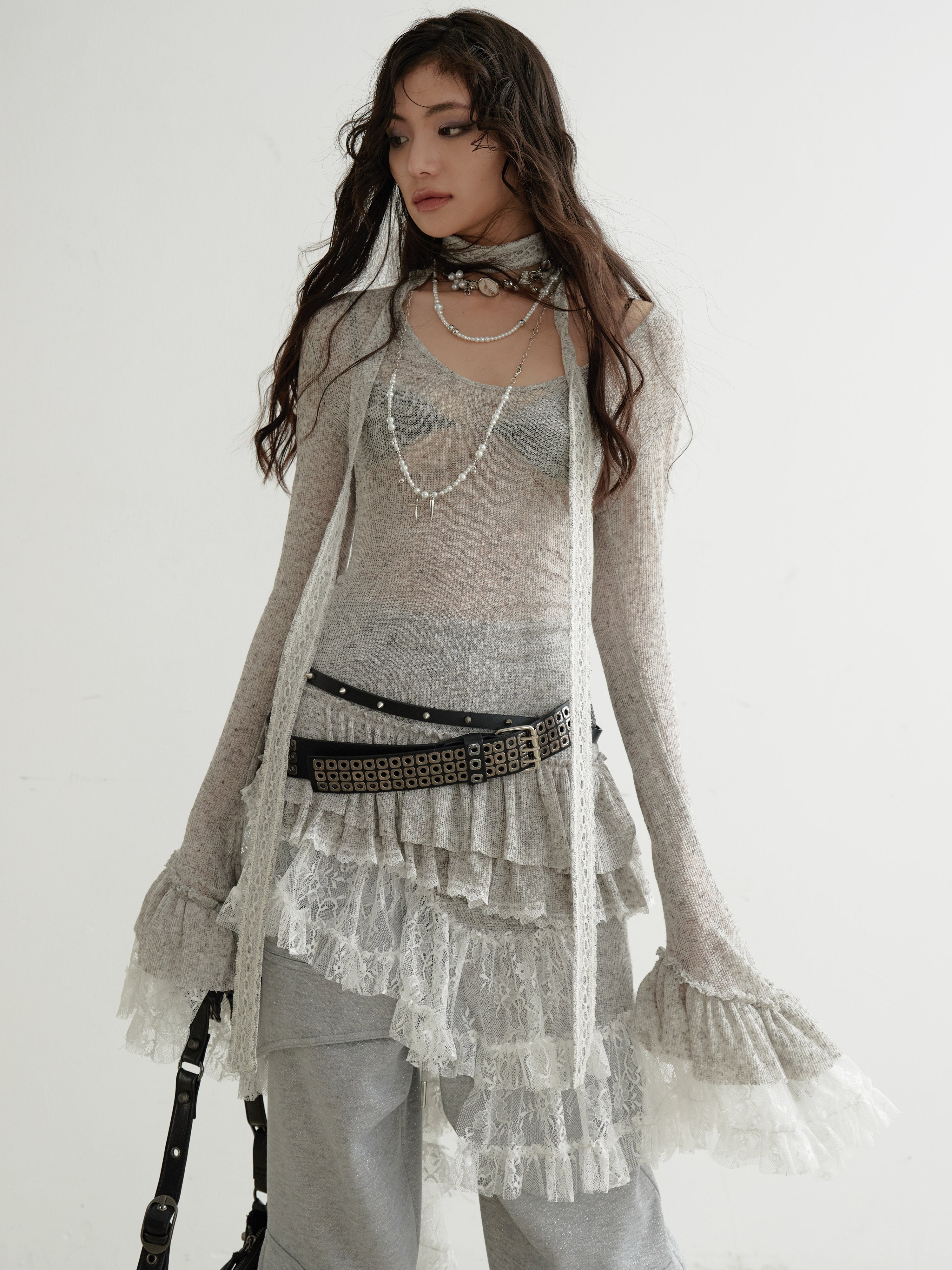 Ethereal Sheer Lace-Panel Asymmetrical Knit Dress