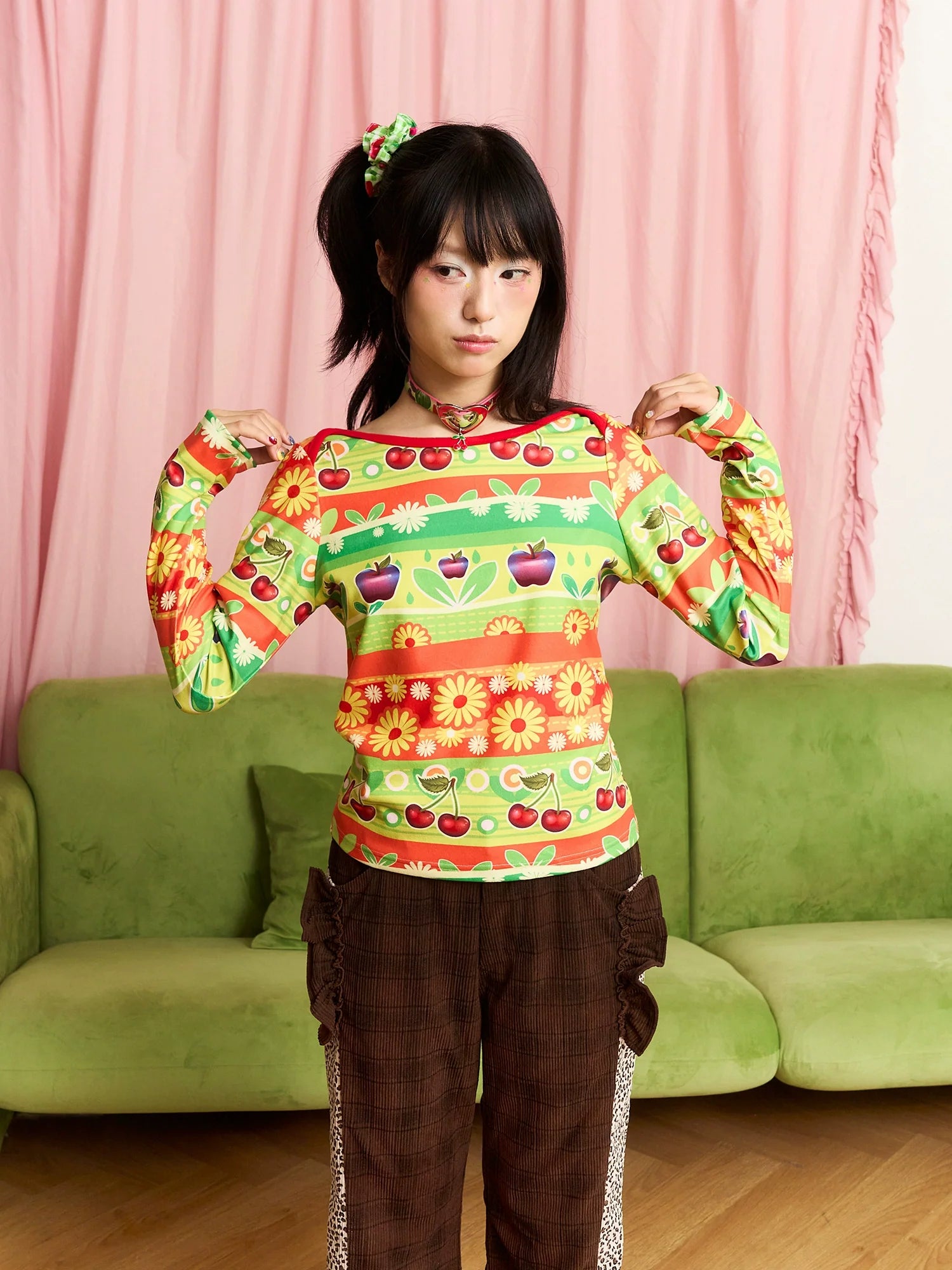 Cherry Daisy Striped Sweatshirt