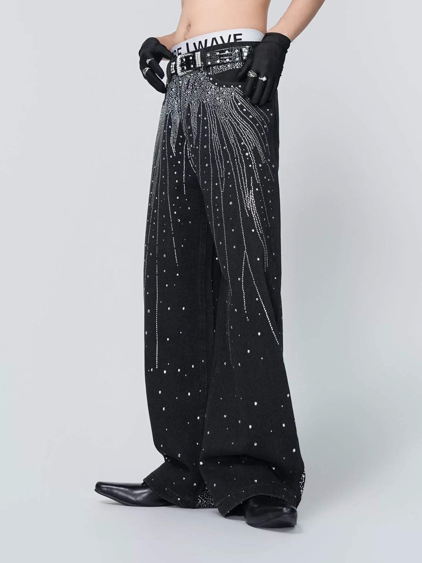 Starlit Cascade Rhinestone Wide-Leg Jeans