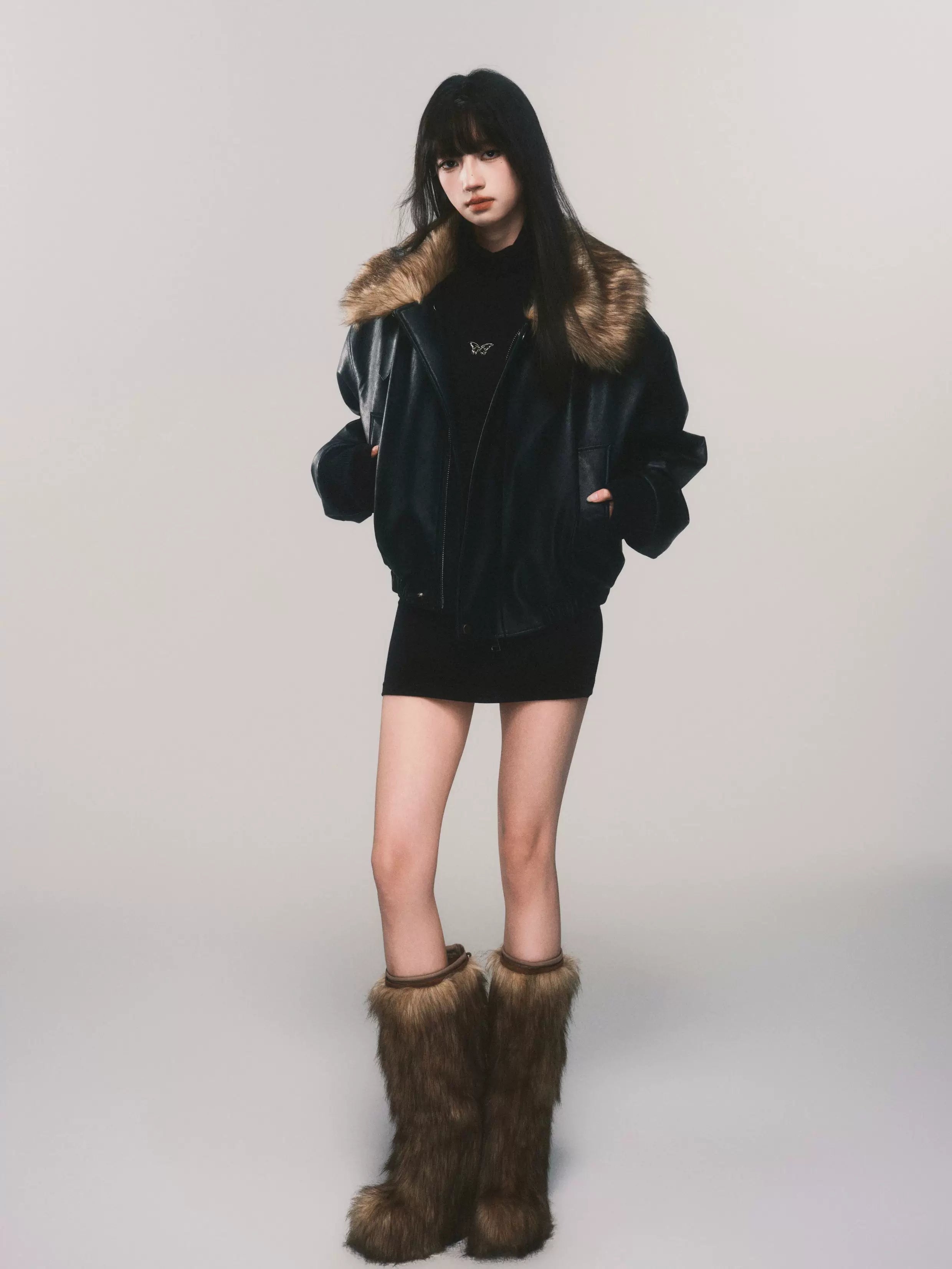 Midnight Aviator Faux‑Fur Bomber Jacket