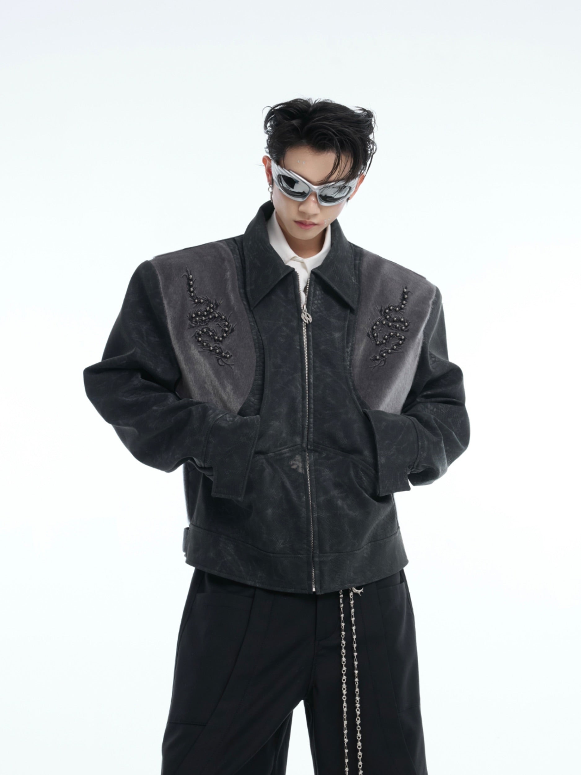 Embellished Snake Pattern Leather Moto Jacket