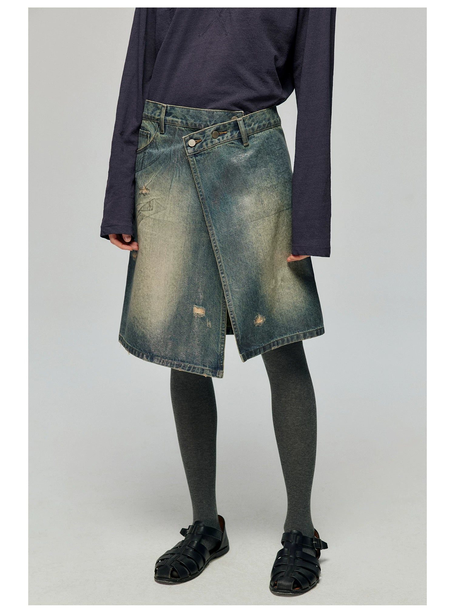 Distressed Denim Wrap Midi Skirt