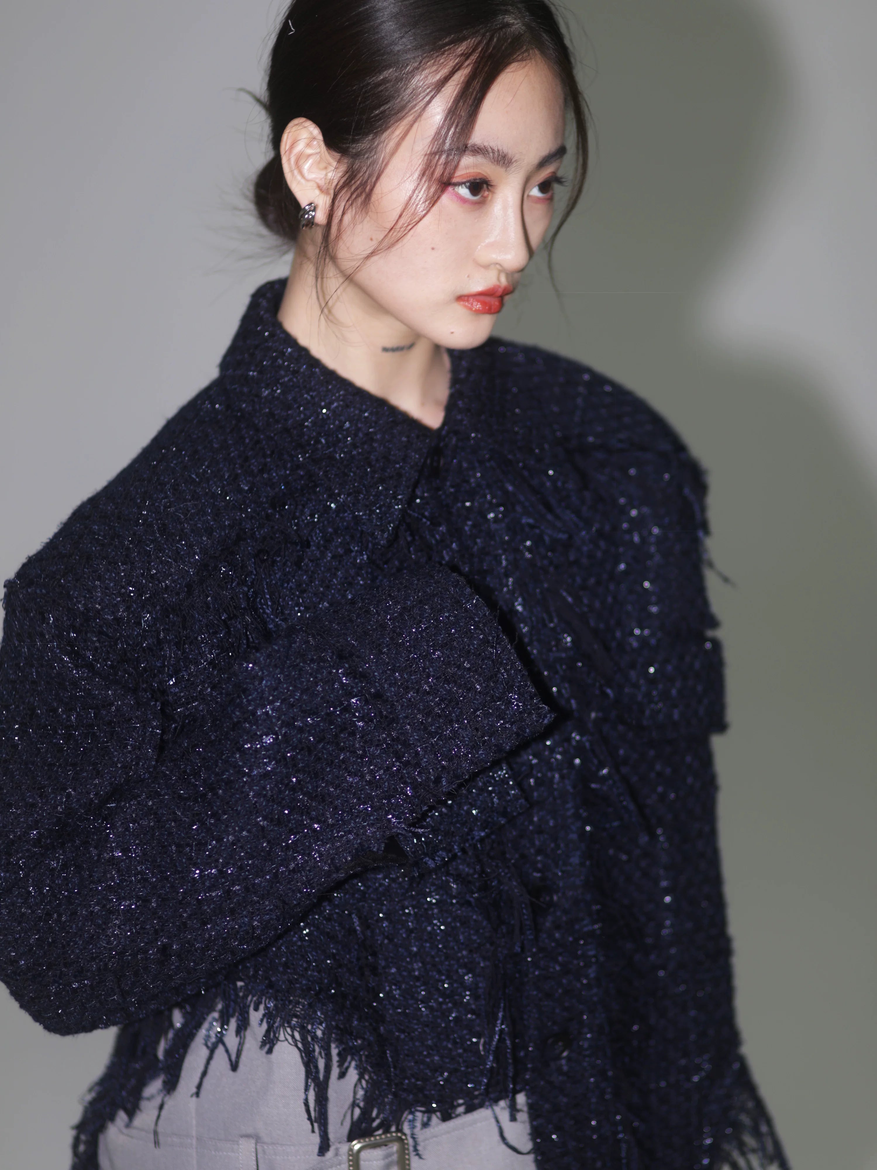 Midnight Fringe Cropped Tweed Jacket