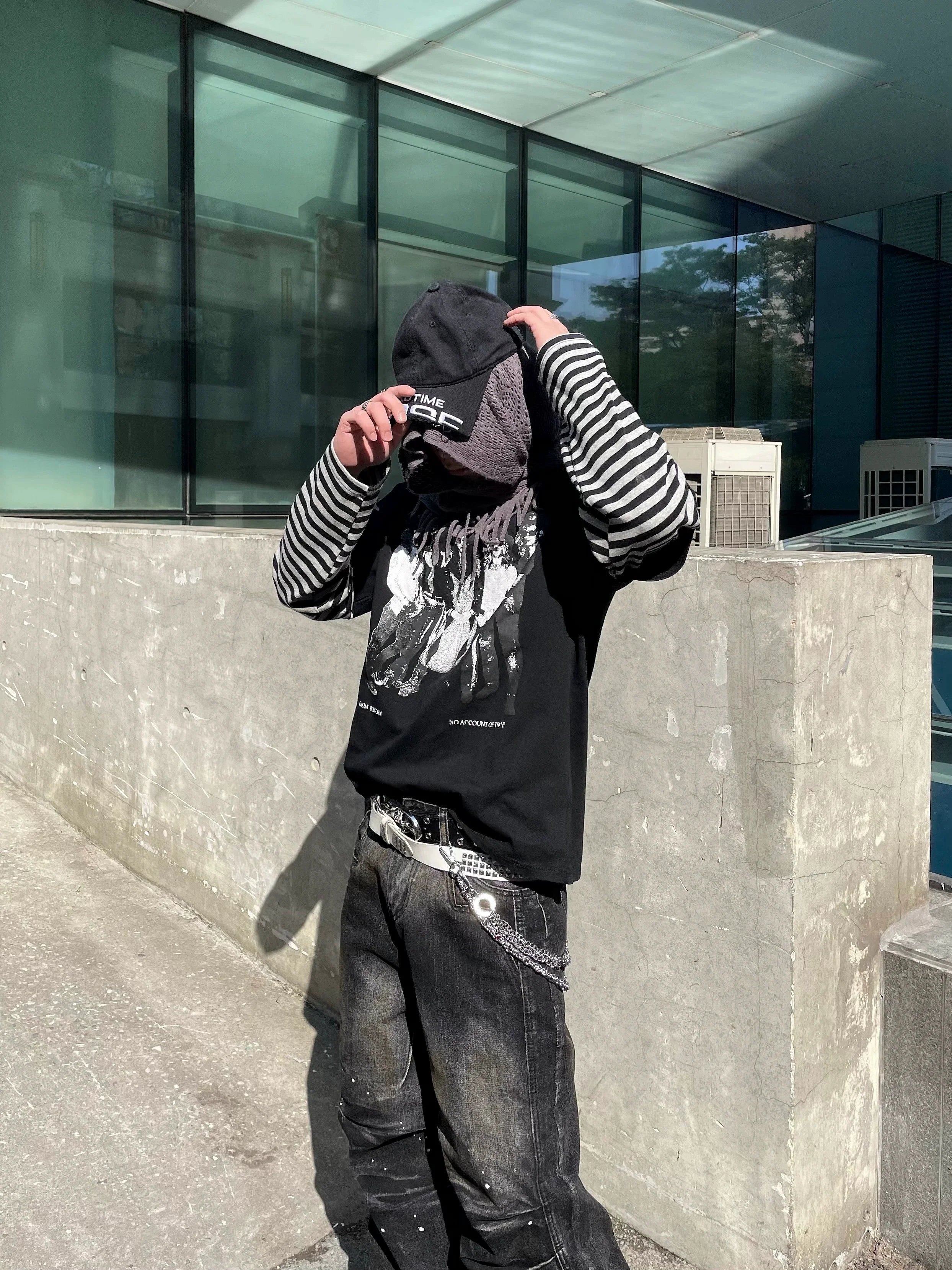 Vintage Band Graphic Tee with Striped Layered Sleeves