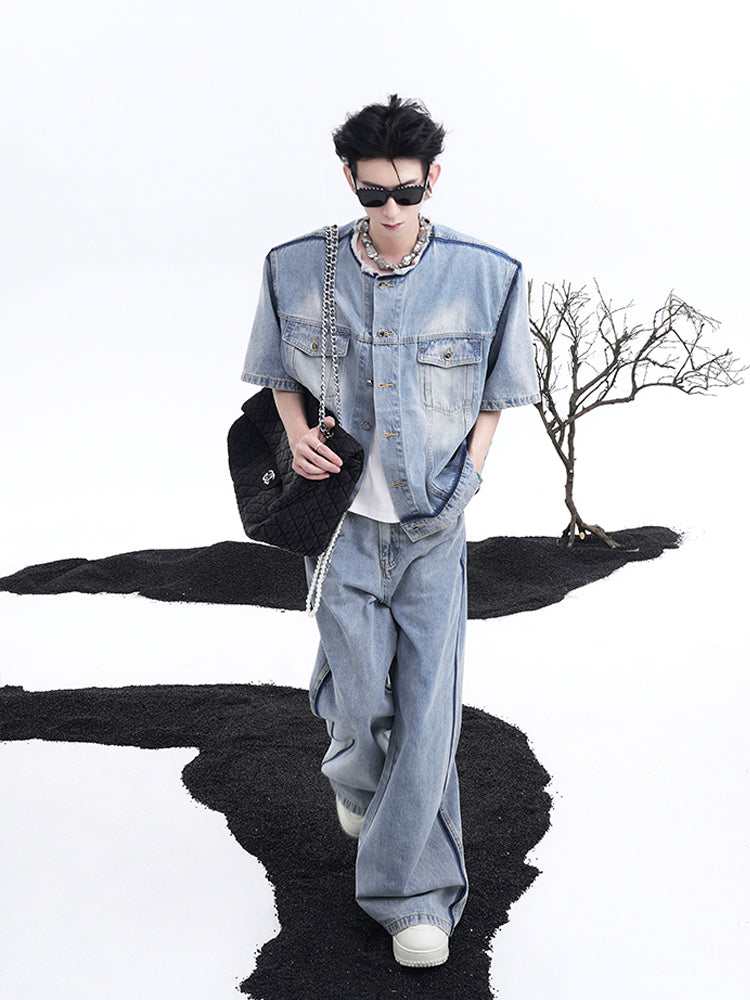 Light Wash Denim Short Sleeve Jacket and Wide Leg Pants Setup