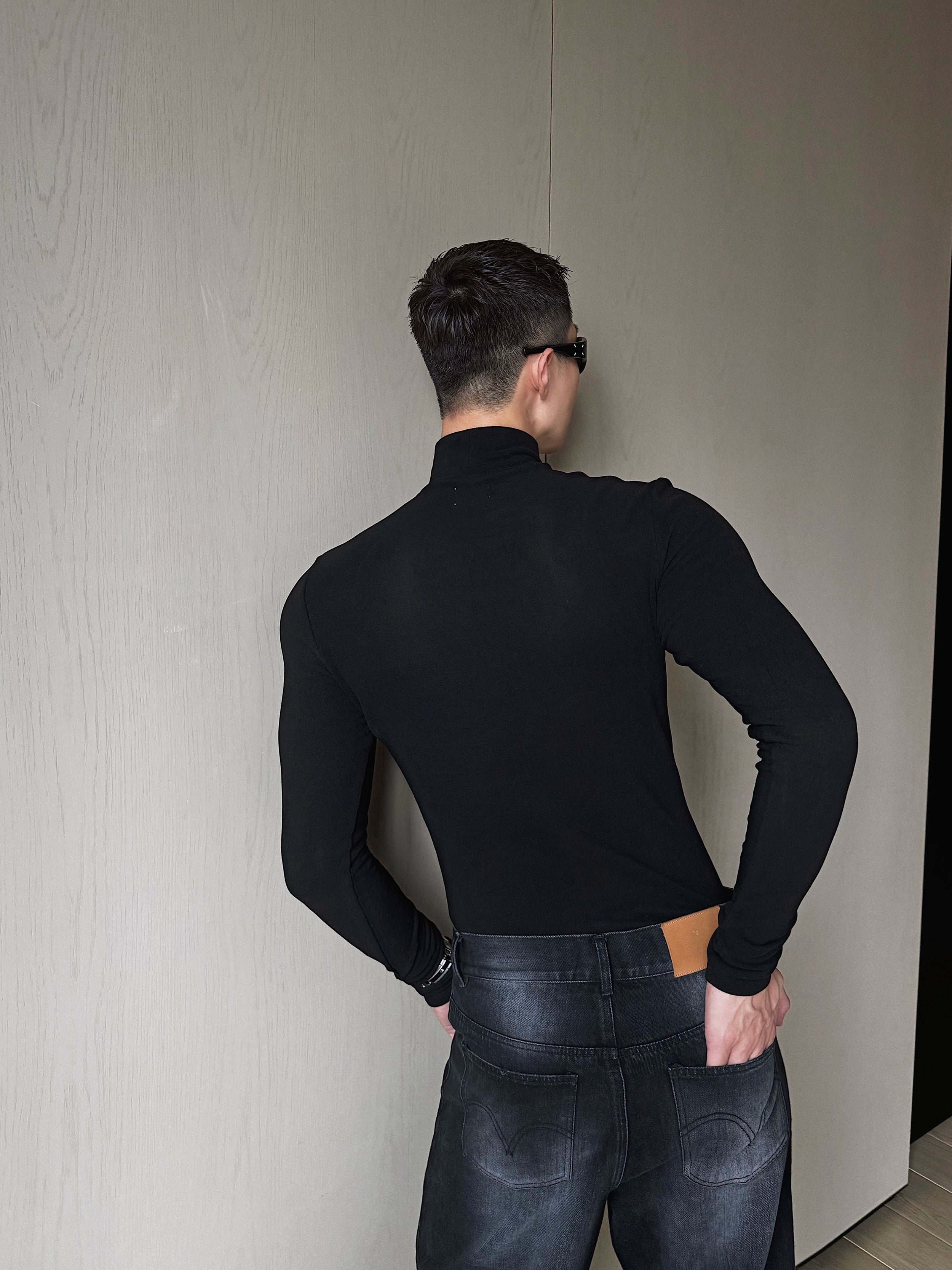 Black Mock Neck Long Sleeve Fitted Top