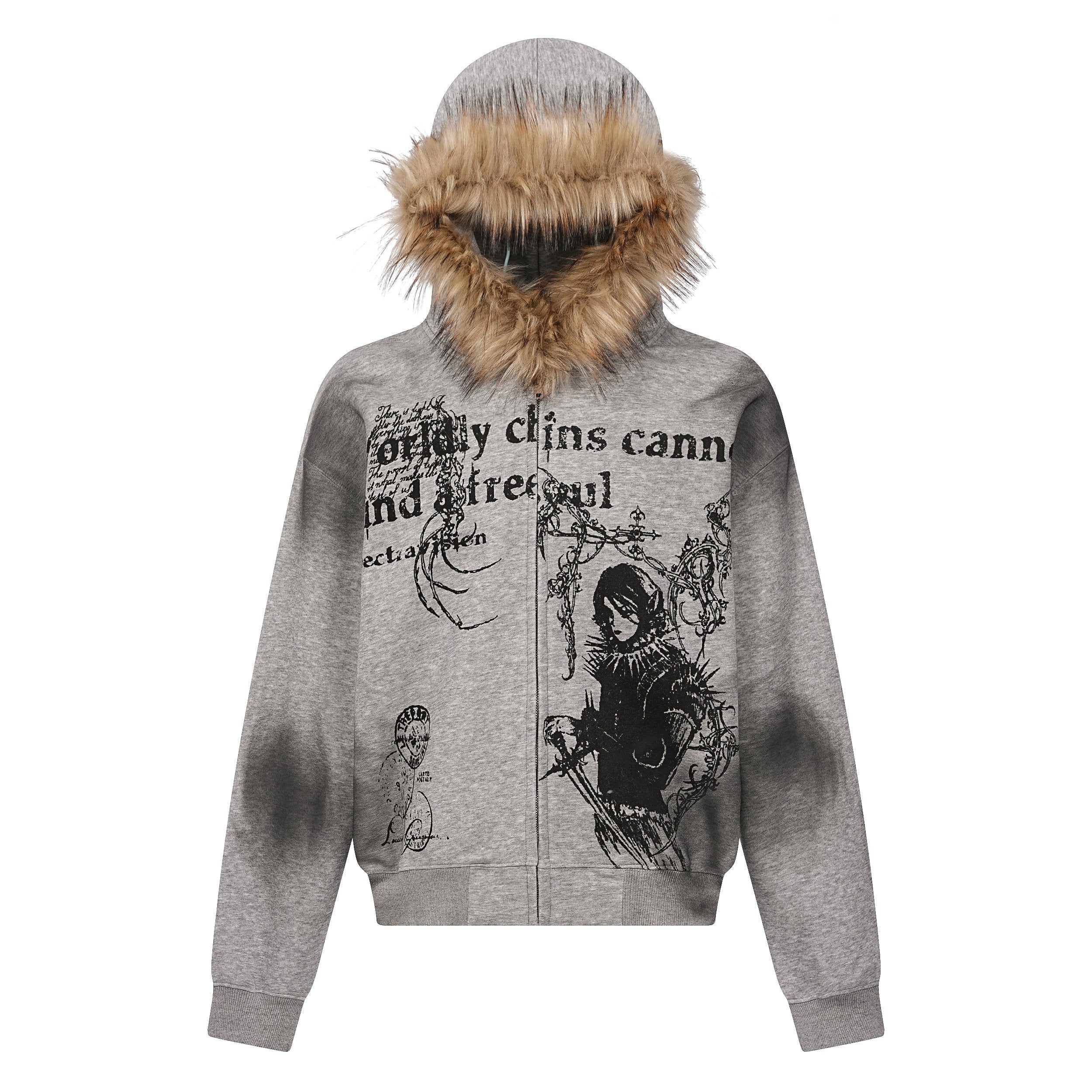 Men's Faux-Fur Collar Graphic-Print Oversized Zip-Up Hoodie