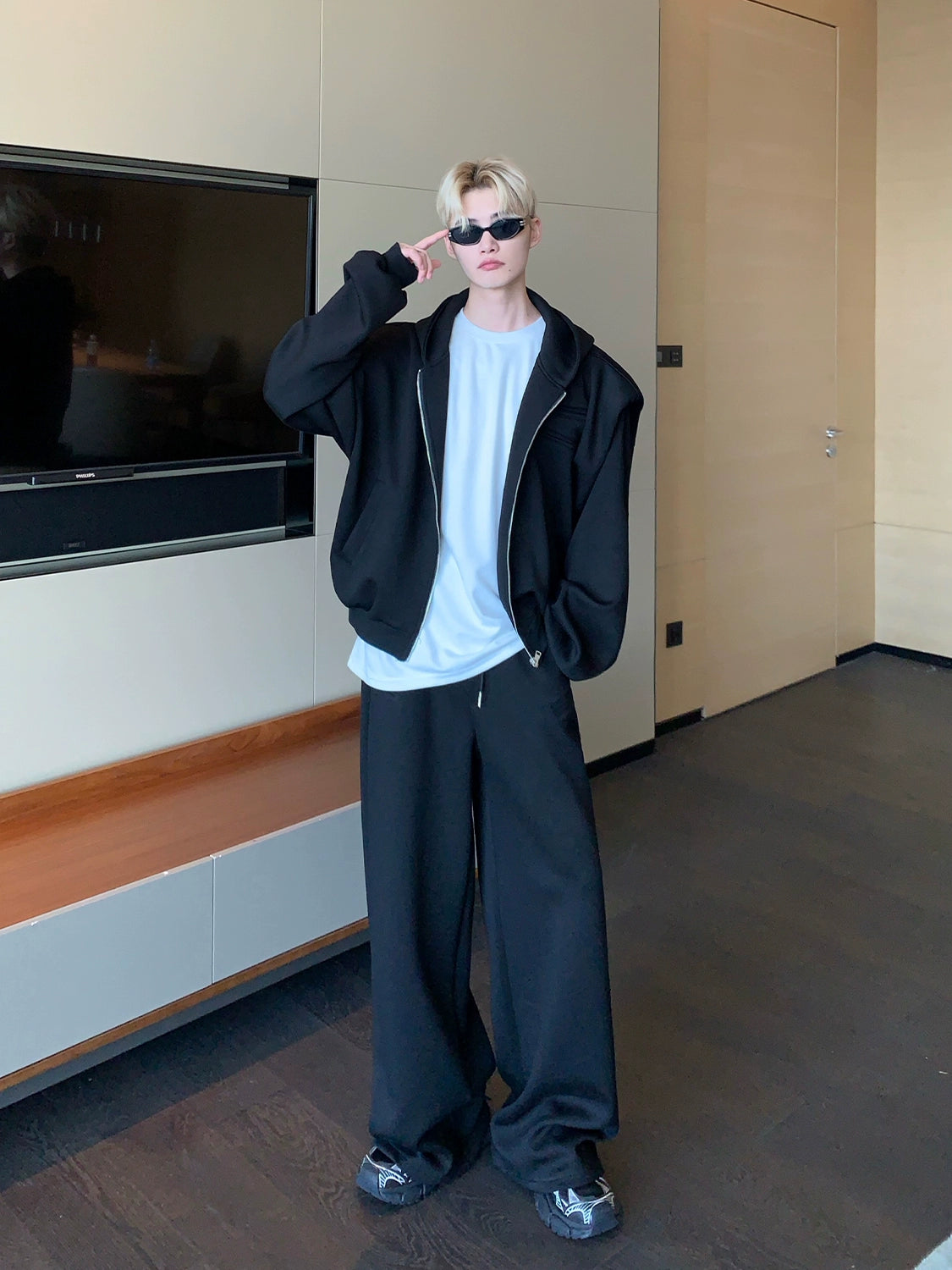 Shoulder-Padded Hoodie Jacket with Straight-Leg Pants Two-Piece Set