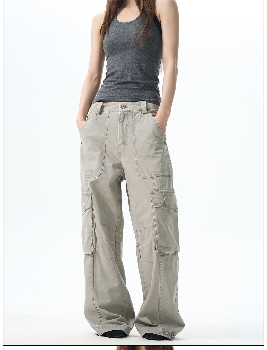 Wide Leg Cargo Pants in  Beige & Black