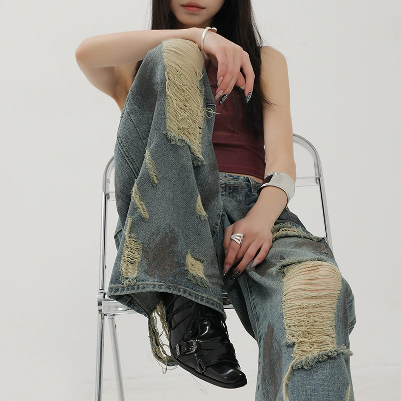 Retro Tie-Dye Distressed Wide-Leg Jeans With Washed Effect And Draping Fit - chiclara