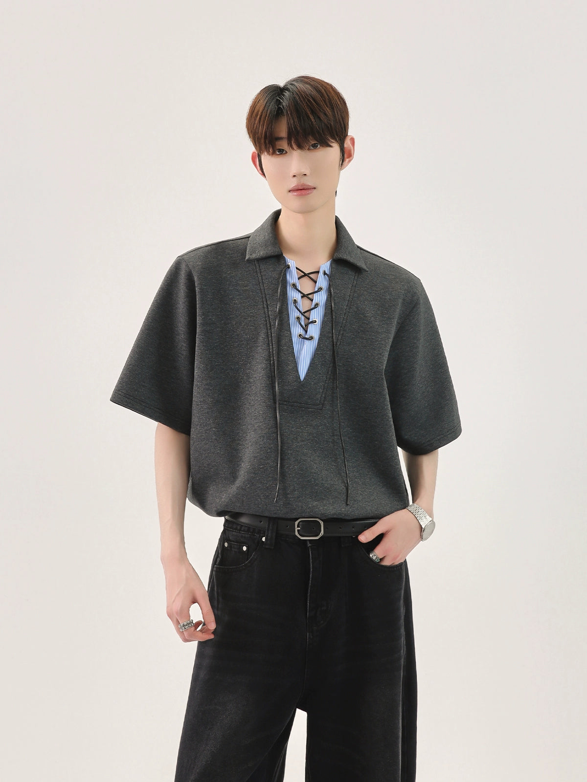 Charcoal Lace-Up Collar Polo Shirt