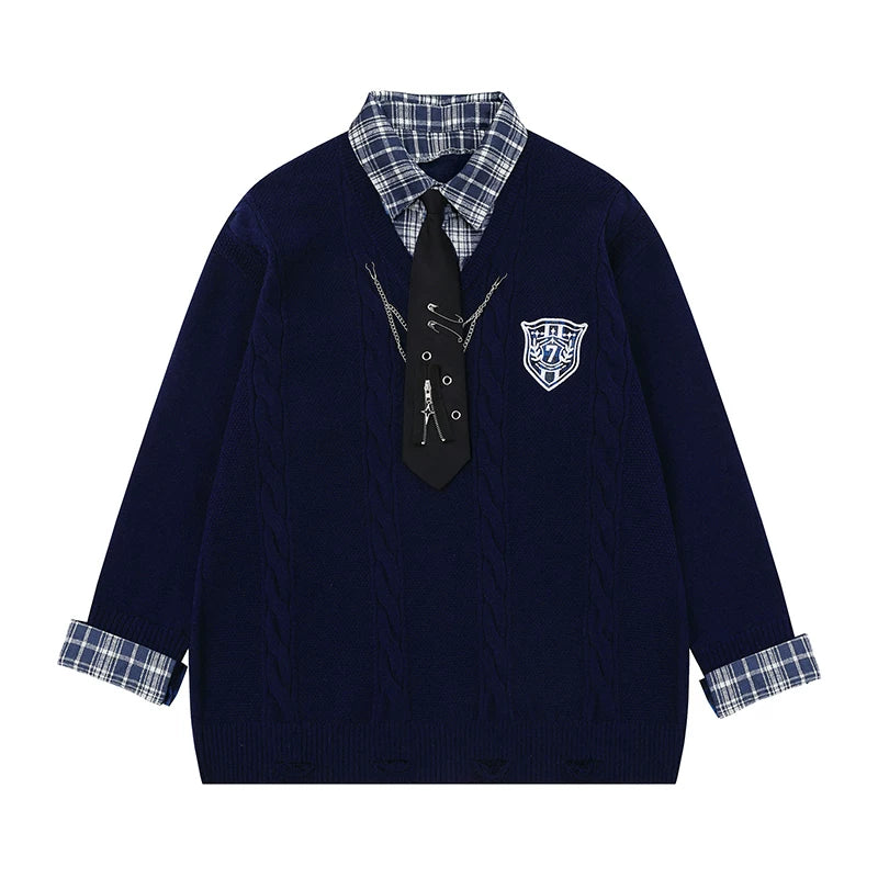 Slate Campus Cable Knit V-Neck Sweater