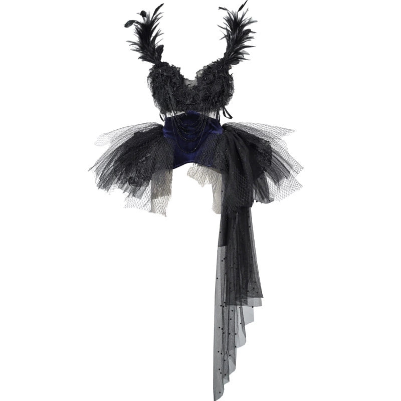 Gothic Black Swan Feather Tulle Corset Top
