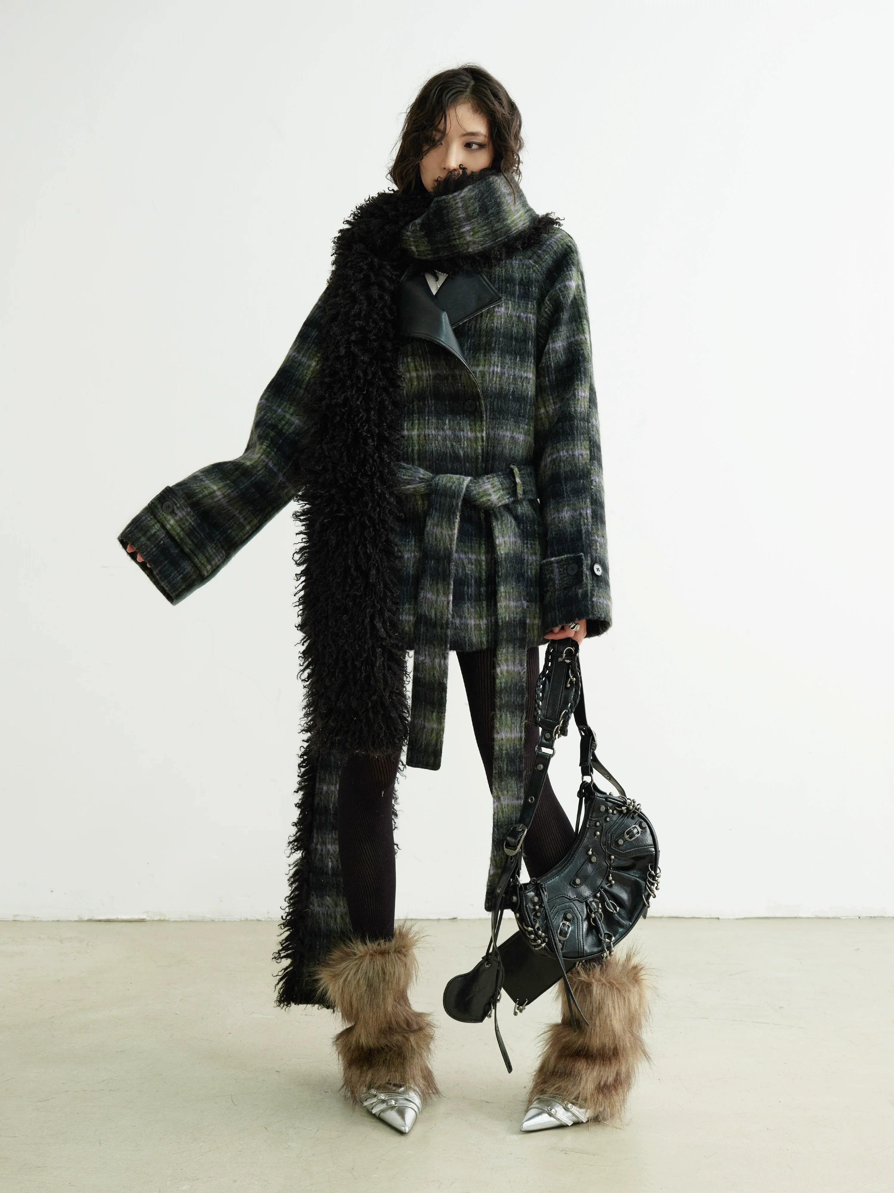 Shadow Plaid Fringe Wrap Coat