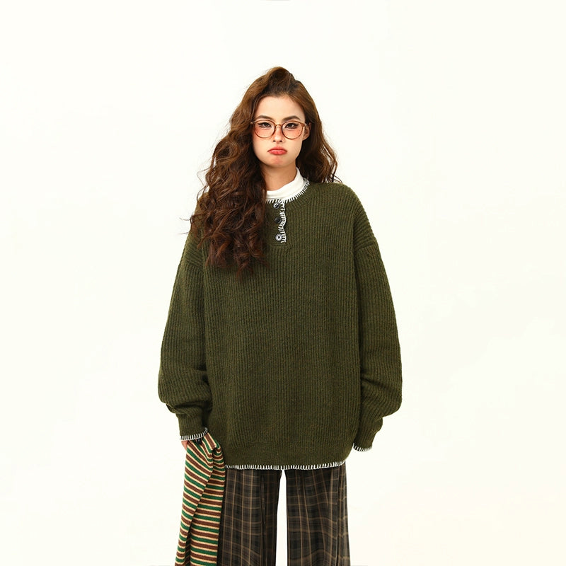 Oversized Cozy Button Trimmed Knit Sweater