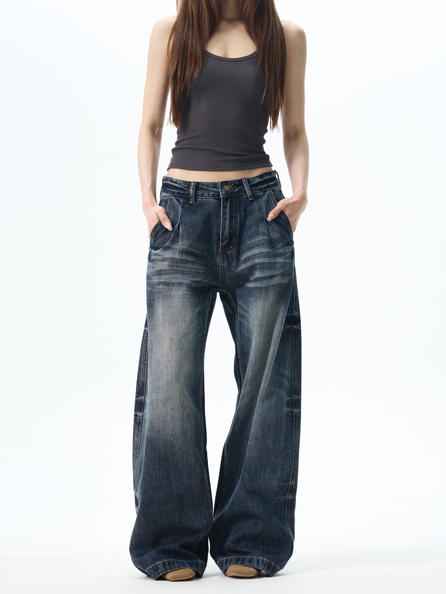 Vintage Wide-Leg Dark Denim Jeans