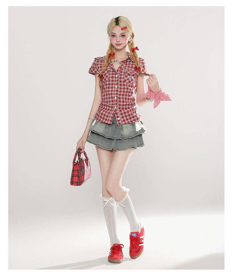 Layered Denim Mini Skirt with Ribbon Ties