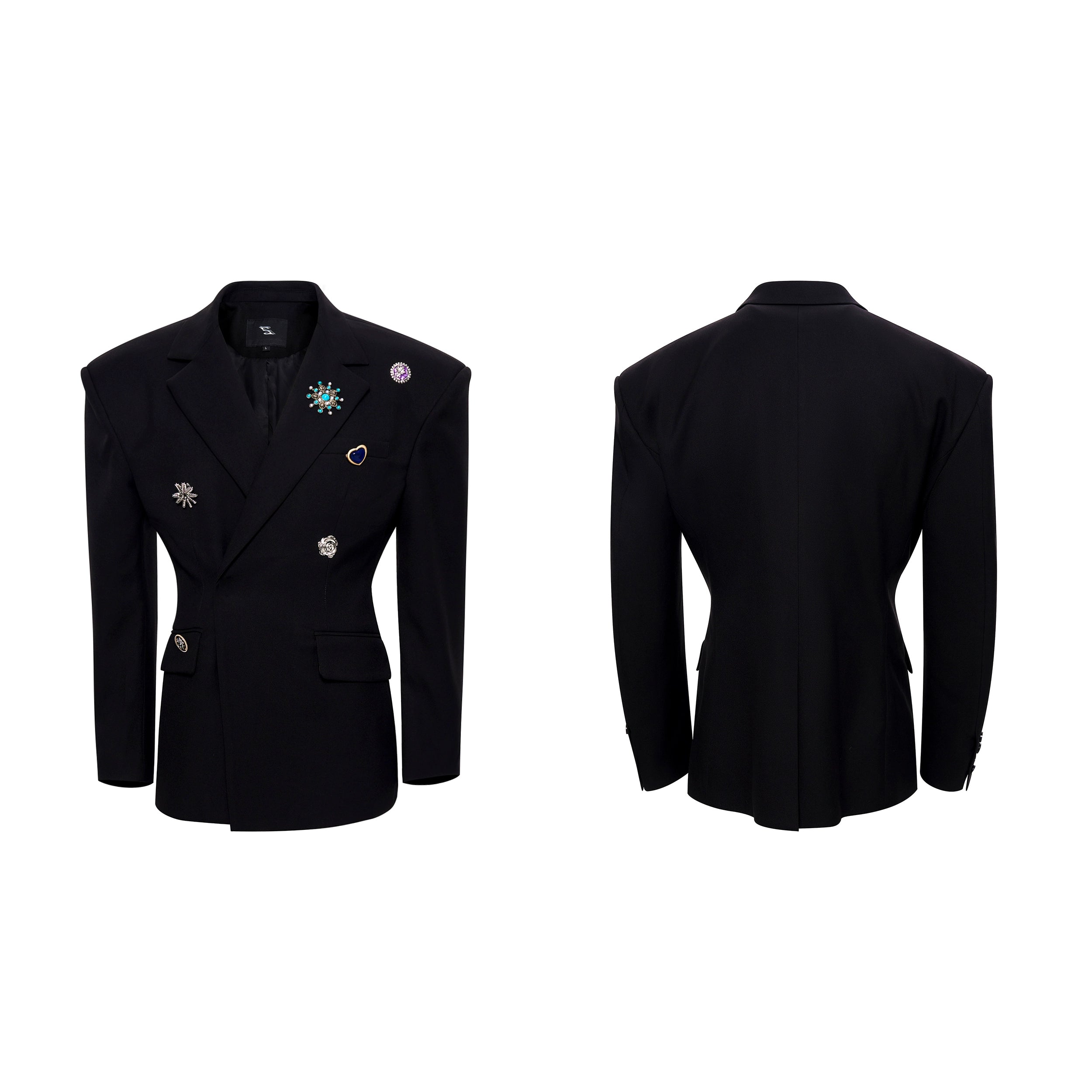 Brooch-Embellished Jacket and Pants Setup