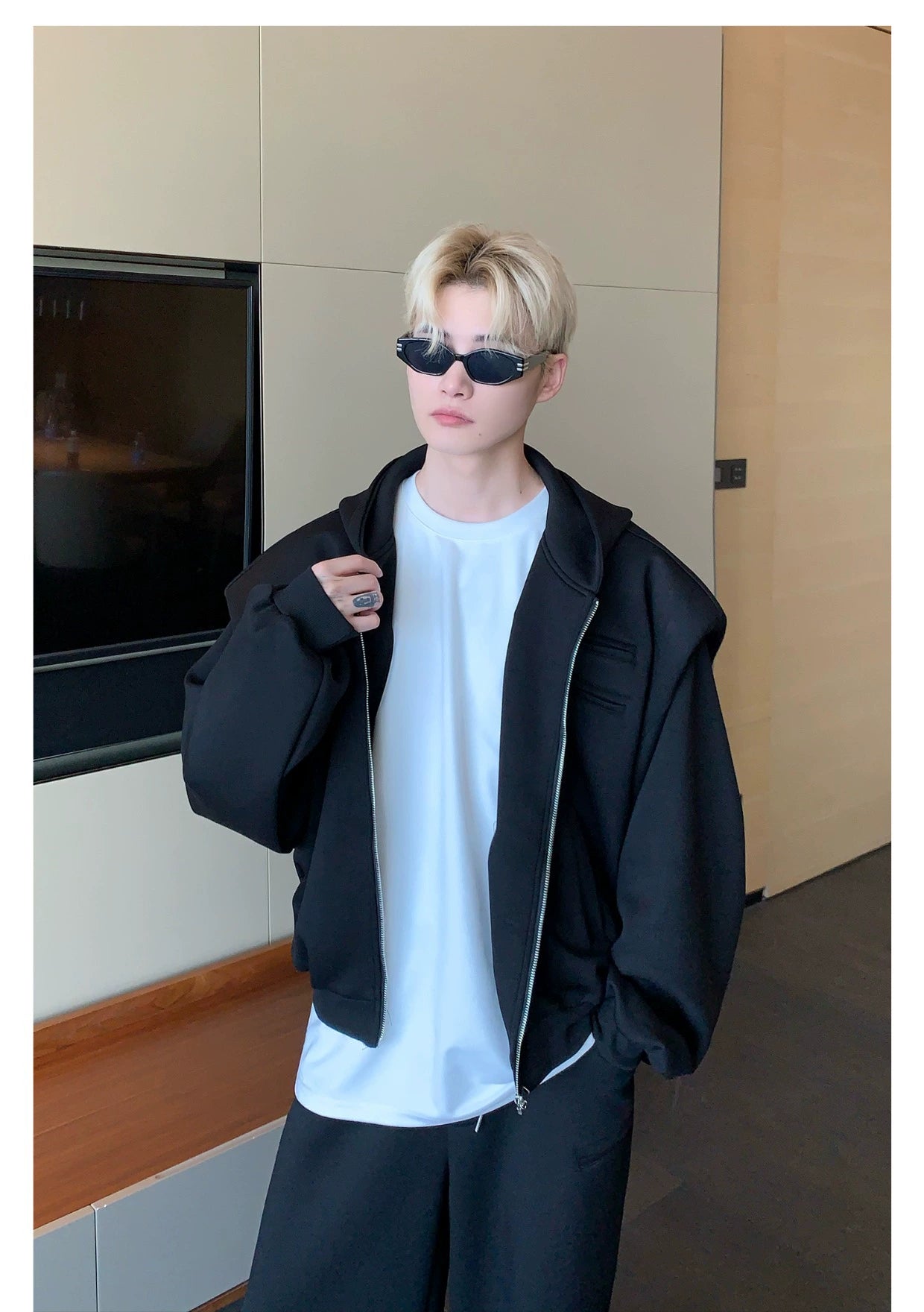 Shoulder-Padded Hoodie Jacket with Straight-Leg Pants Two-Piece Set