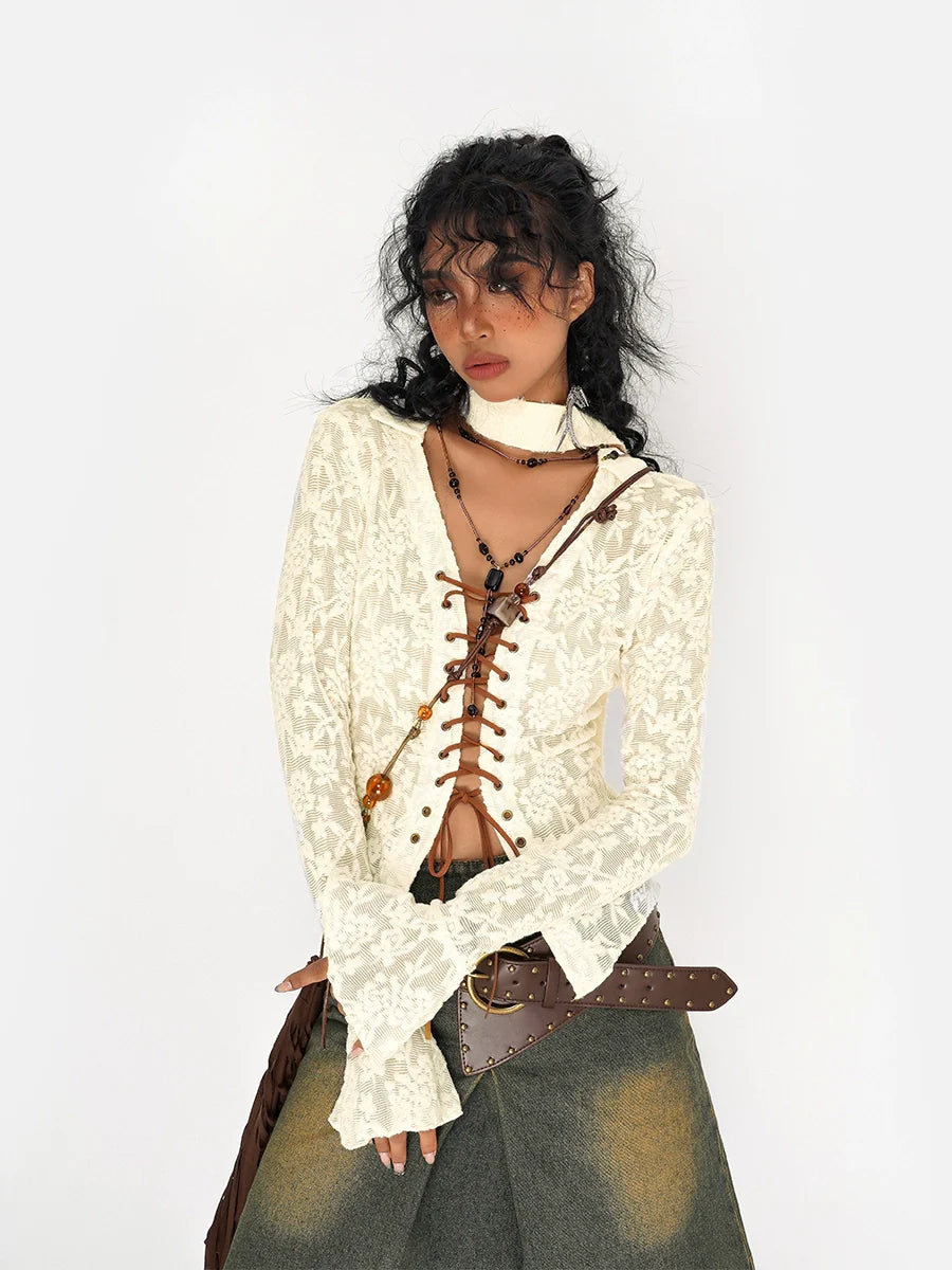 Nico Molly Lace-Up Textured Cardigan - Ivory and Black (Women's)