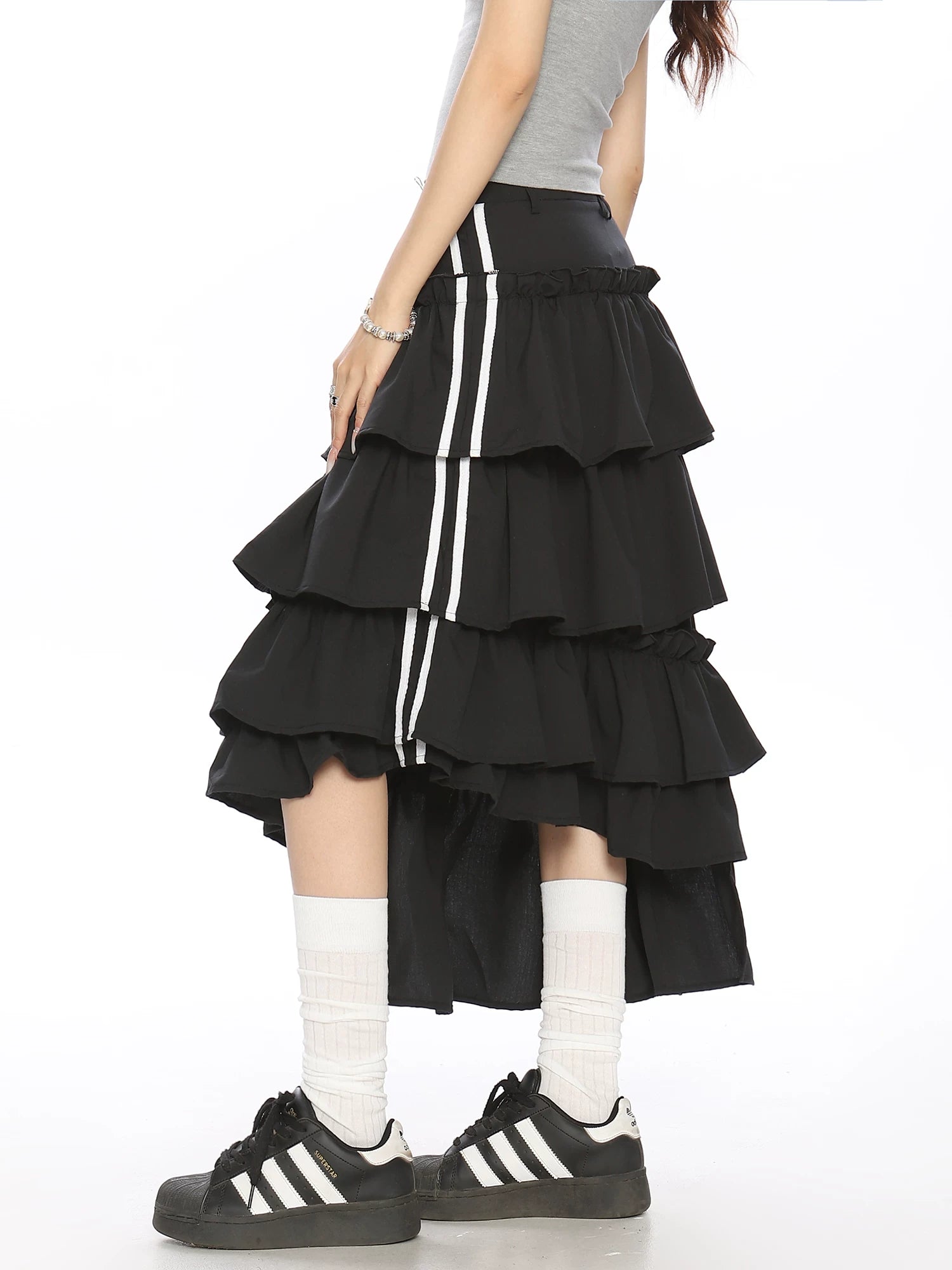 Asymmetric Tiered Ribbon Midi Skirt