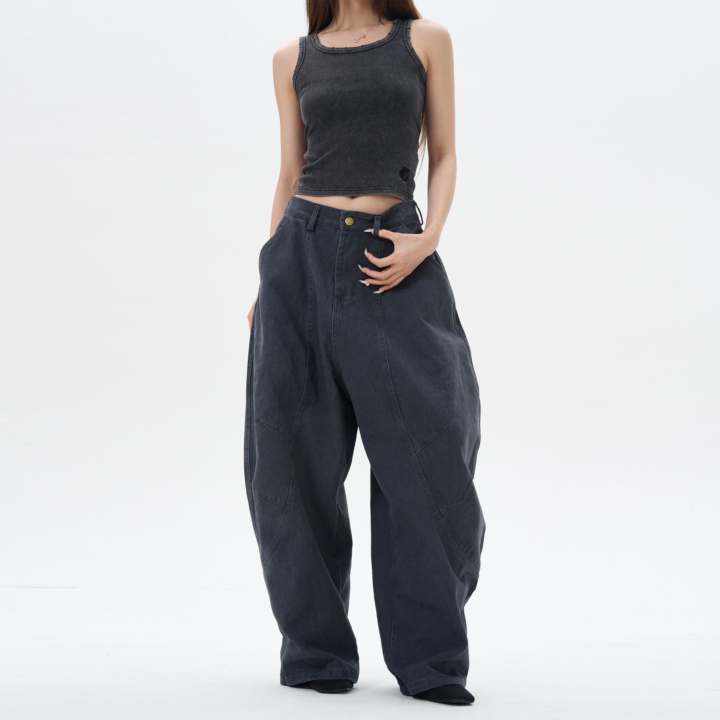Wide Leg Pleated Dark Denim Pants