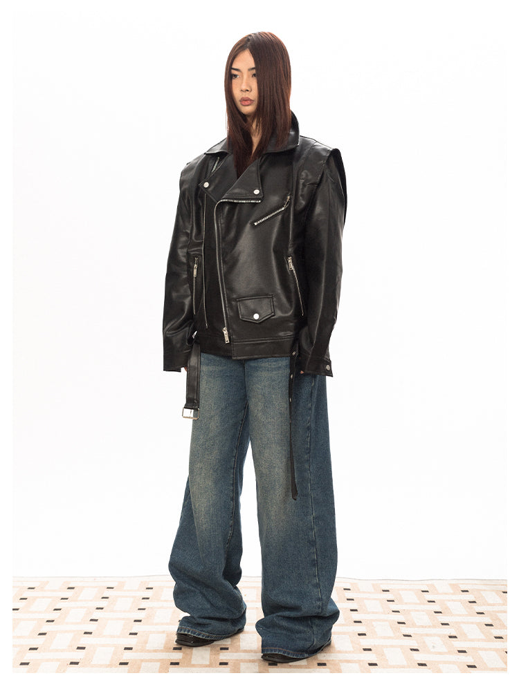Wide Shoulder Motorcycle Leather Jacket - chiclara