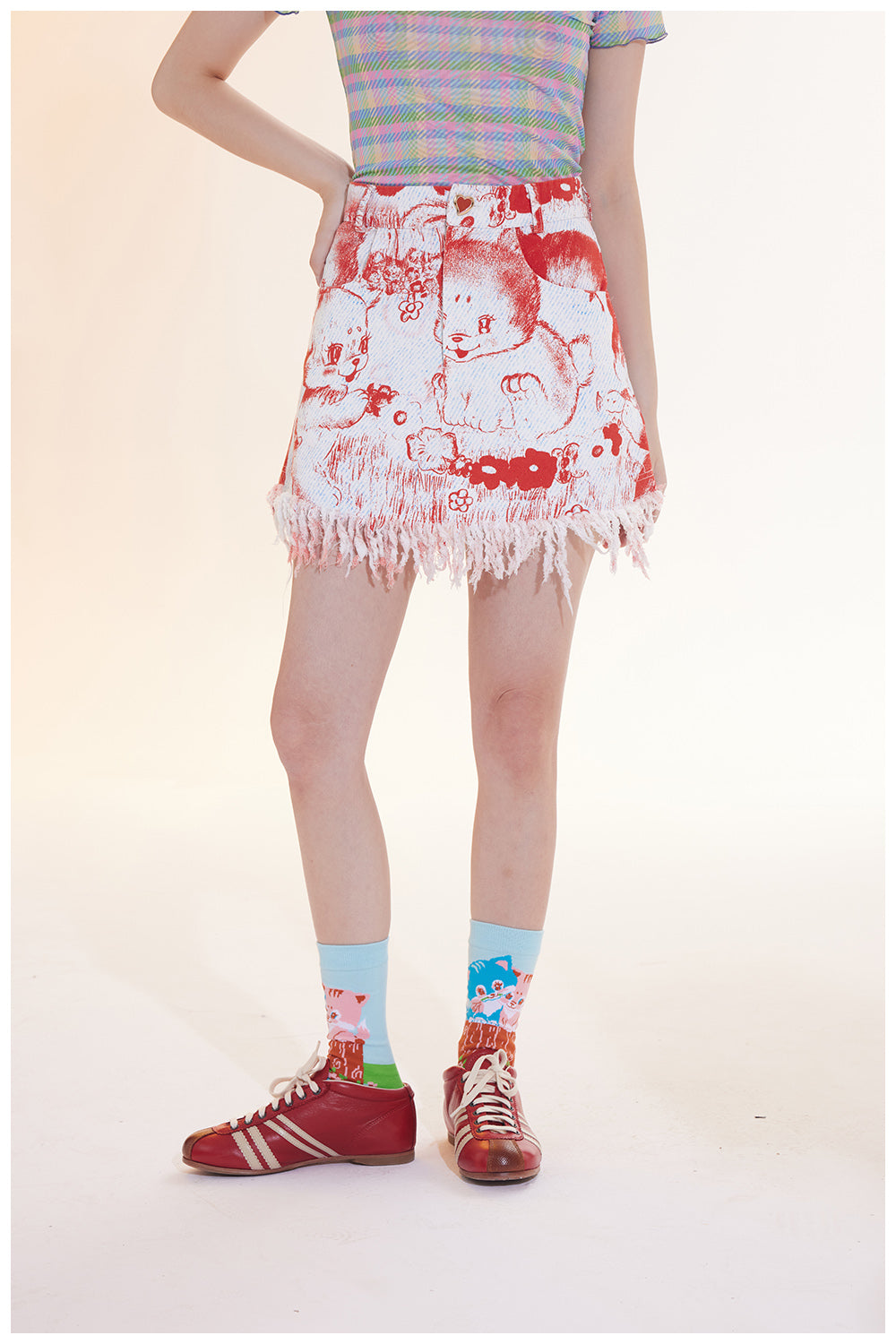 Puppy Print Frayed Denim Skirt