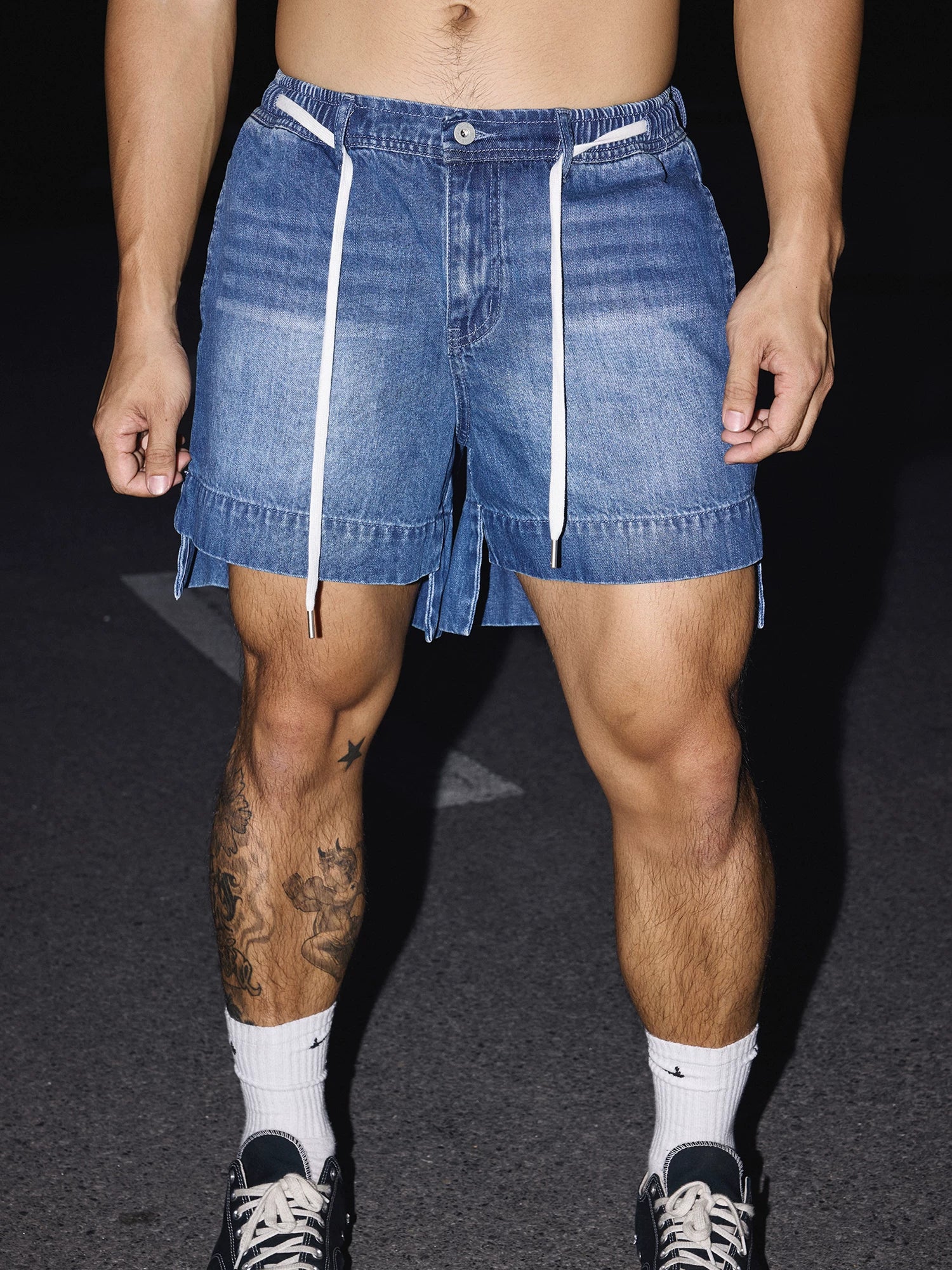 Double-Layer Drawstring Denim Street Shorts