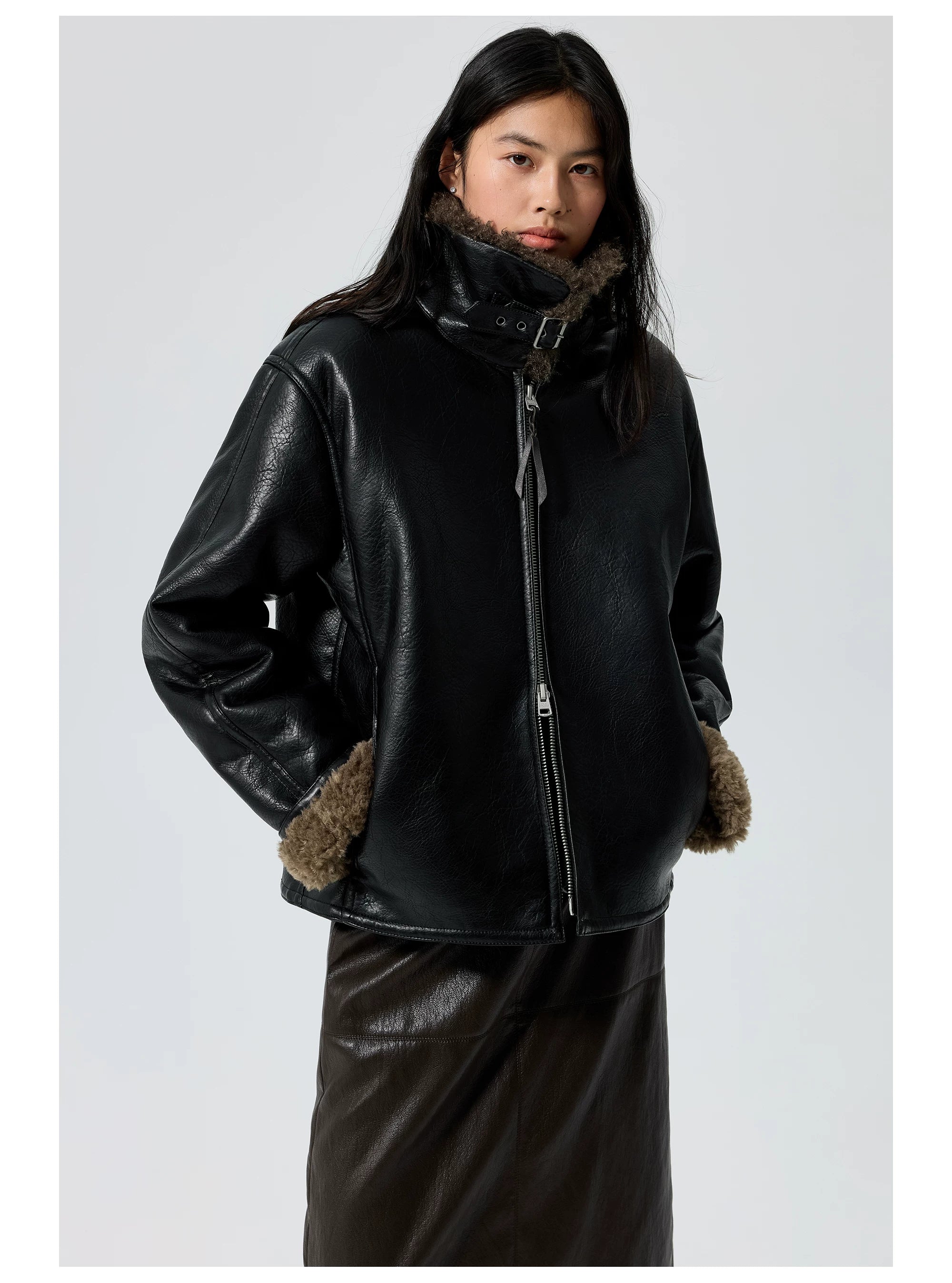 Oversized Faux Leather Jacket with Shearling Collar
