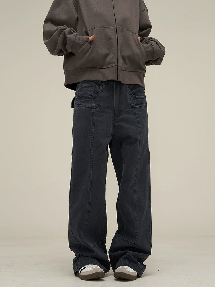 Washed Utility Panel Seams Wide Leg Jeans