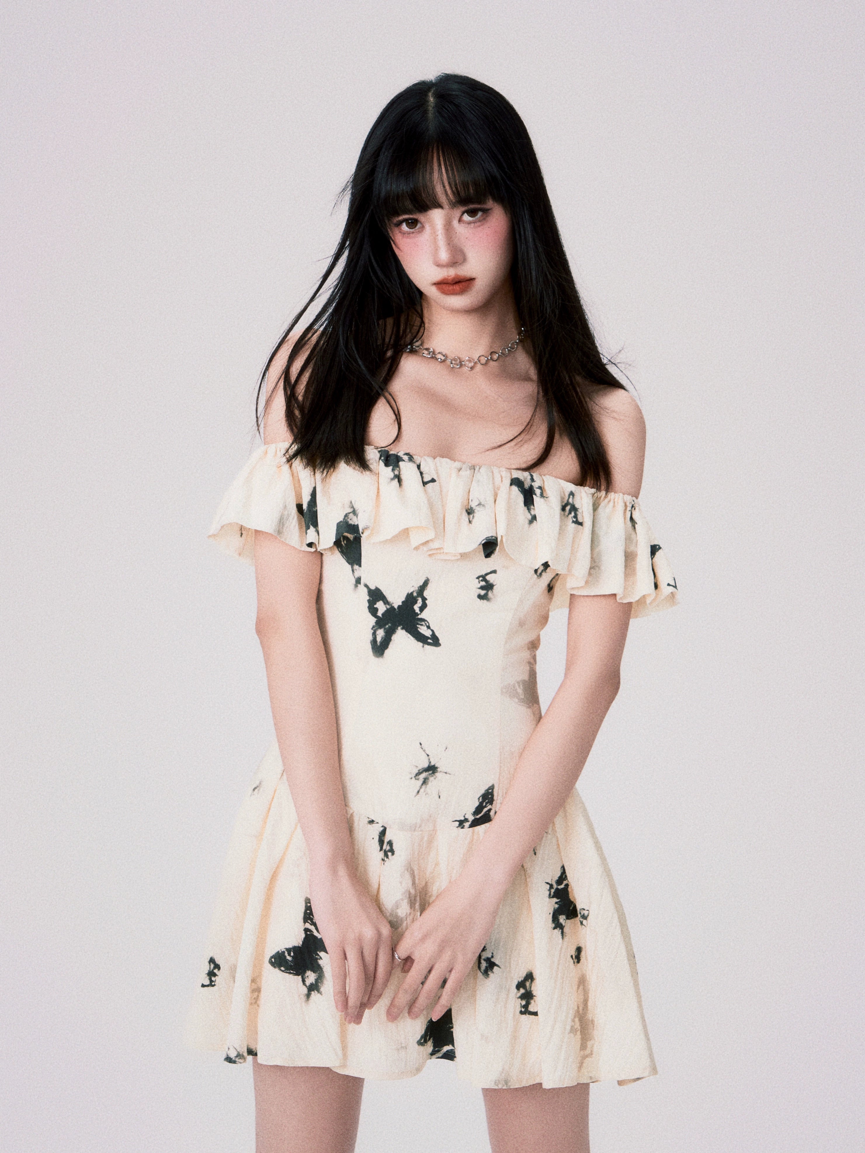 French Ink Butterfly Print Off-Shoulder Dress - chiclara