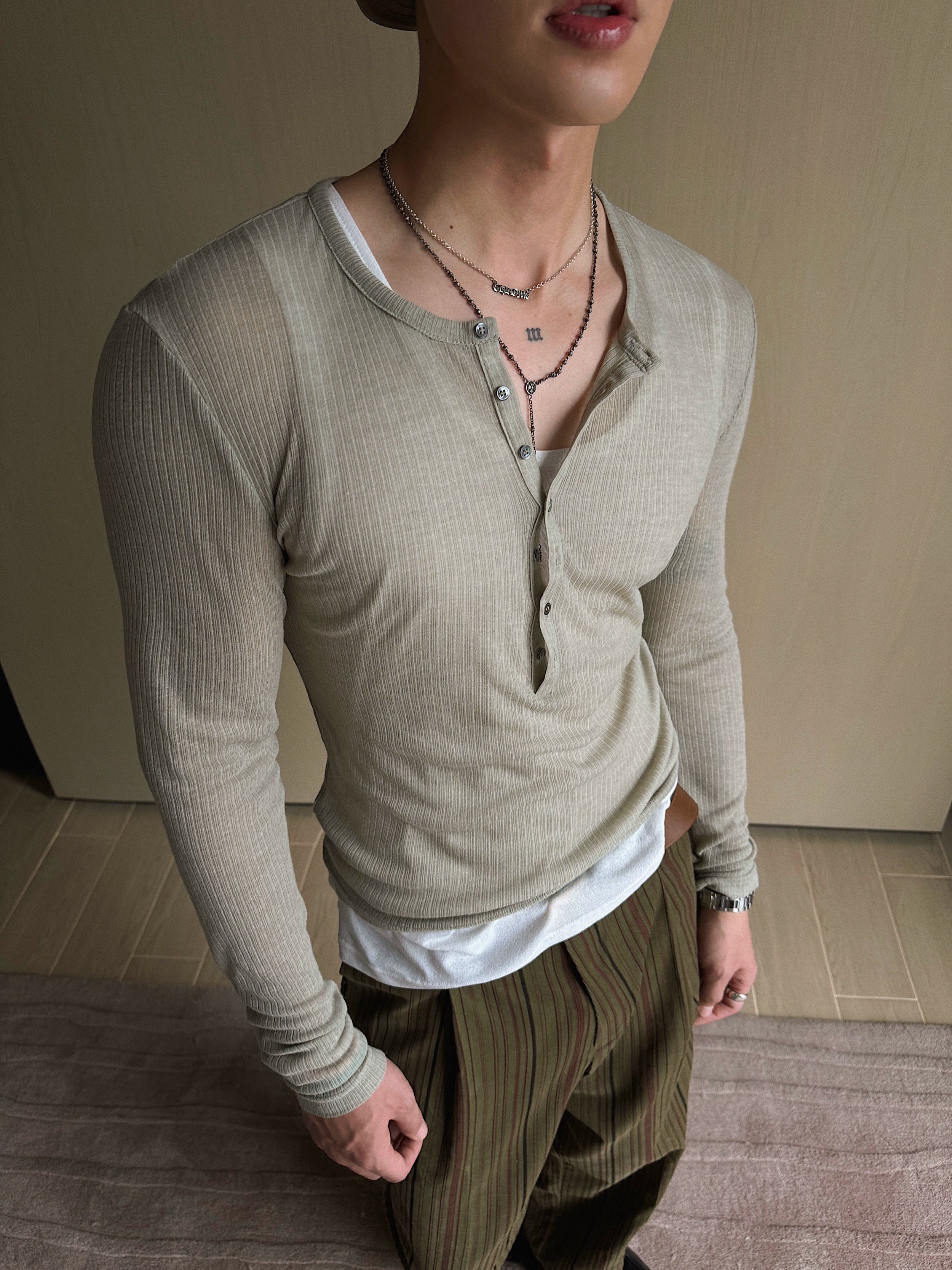 Gray Green Ribbed Henley Sweater