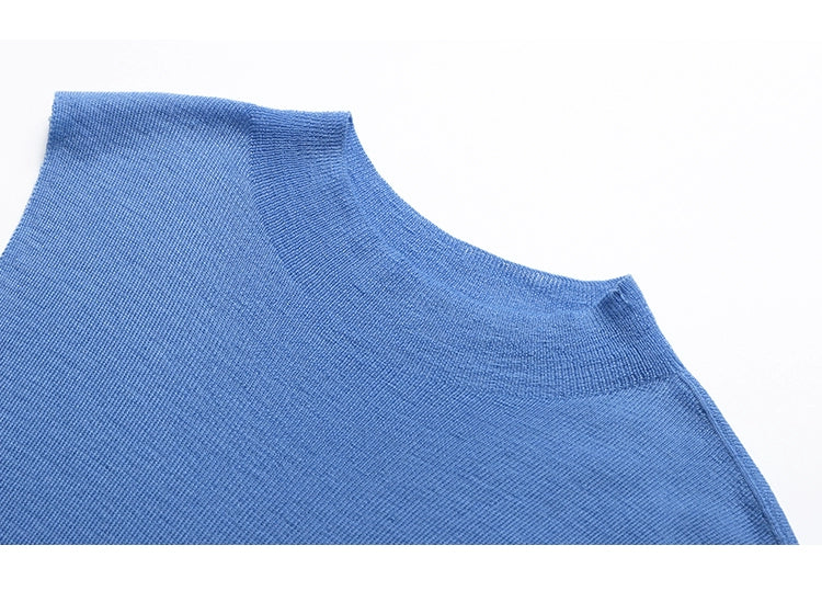 French Semi-High Neck Wool Knit Seamless Blue Tank Top - chiclara