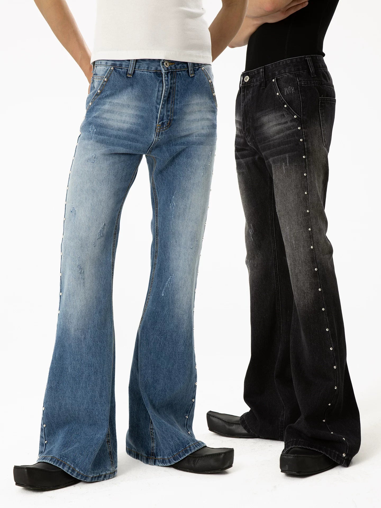 Side-Stitched Studded Flare Denim