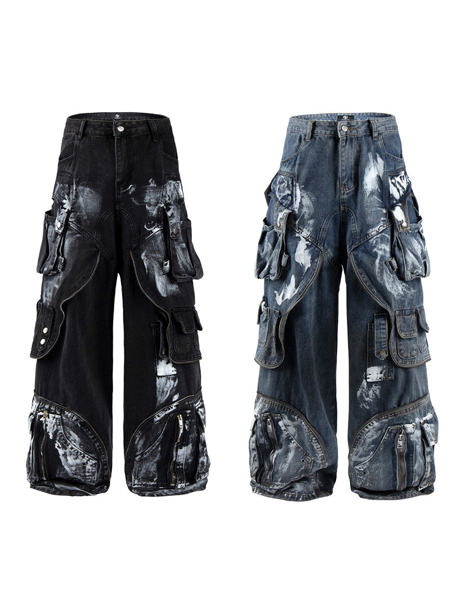 Men's Deconstructed Layered Dirty Washed Wide-Leg Cargo Jeans