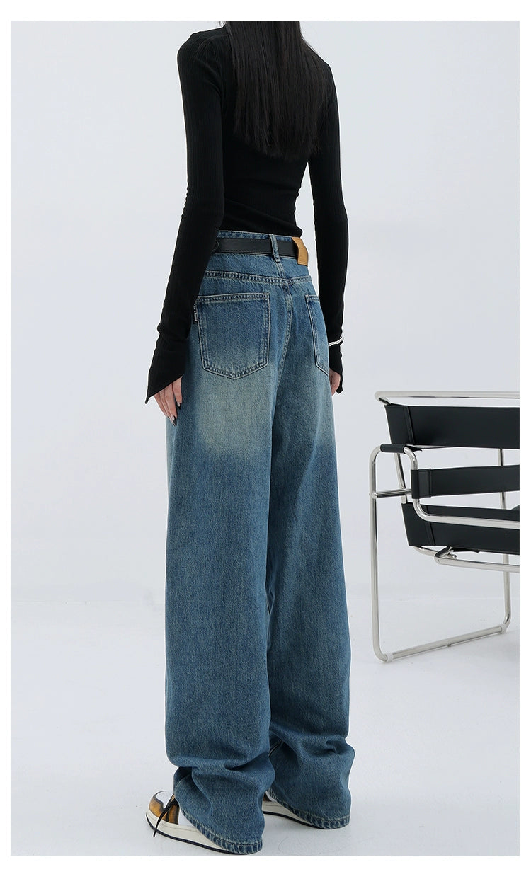 Blue Retro Loose Straight-Leg High-Waist Floor-Length Jeans - chiclara