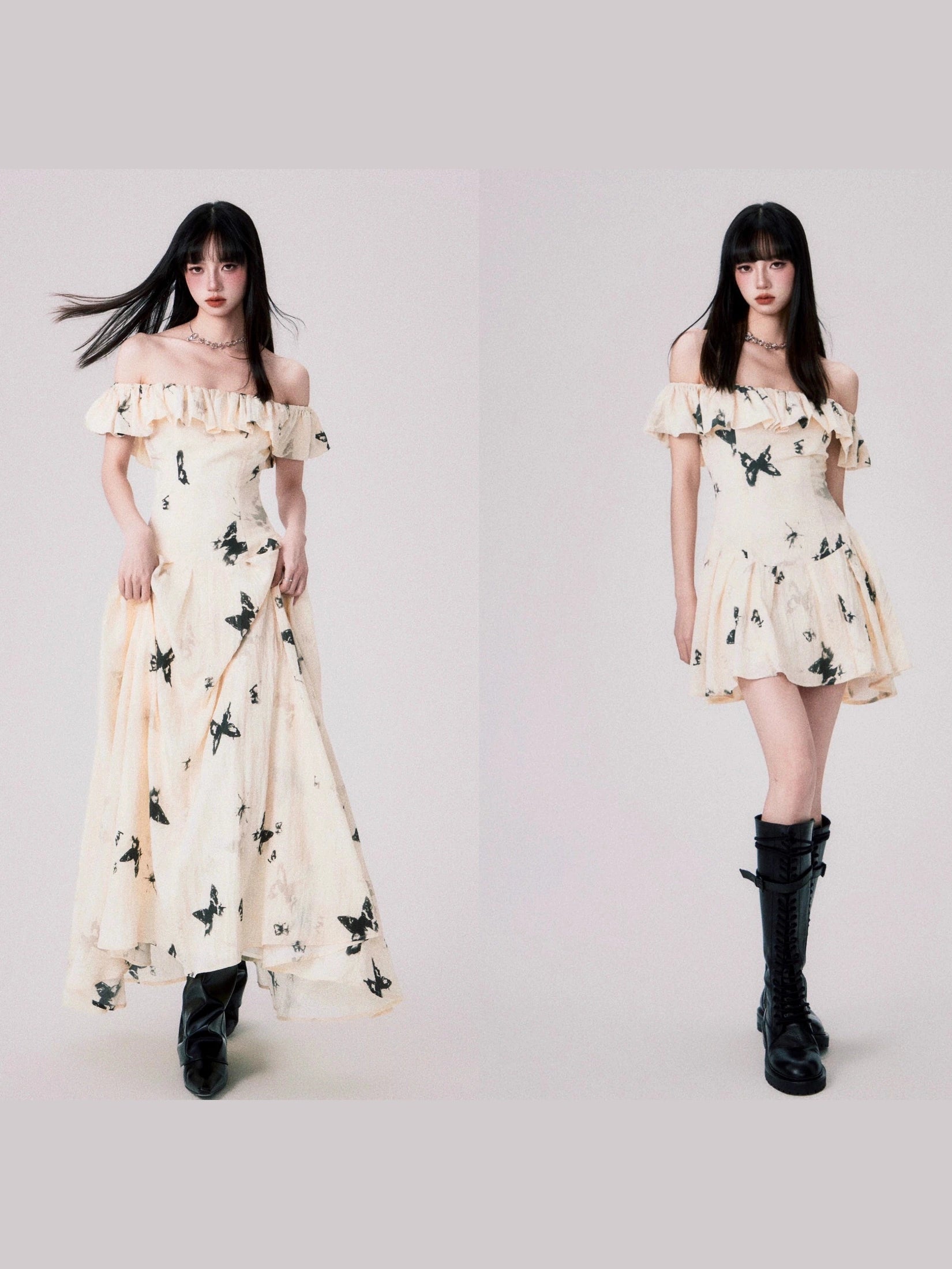 French Ink Butterfly Print Off-Shoulder Dress - chiclara