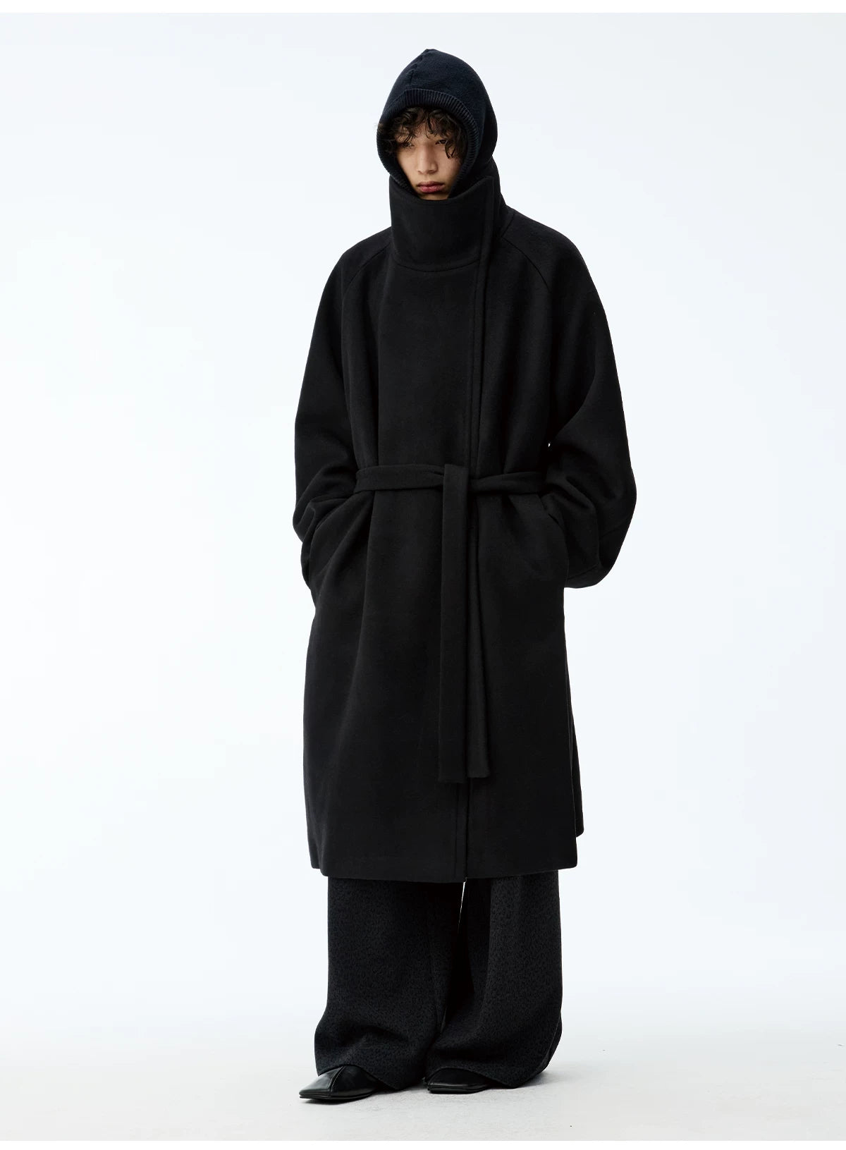 Black Funnel-Neck Belted Wool Coat