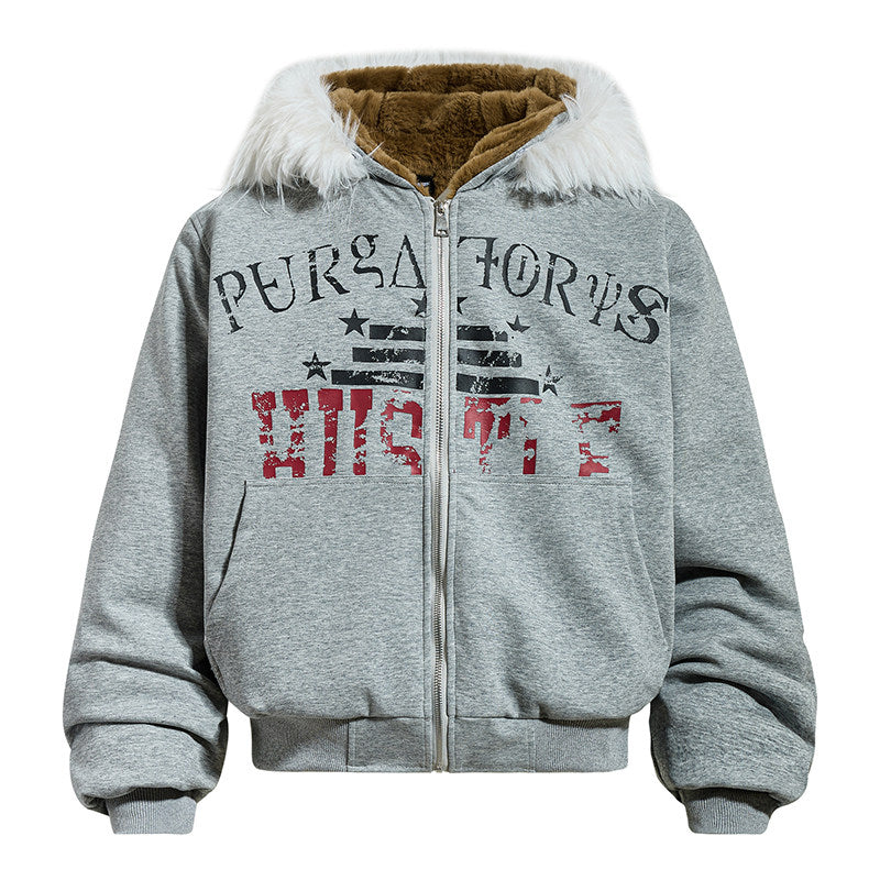 Men's Faux-Fur Graffiti-Print Zip-Up Hooded Jacket