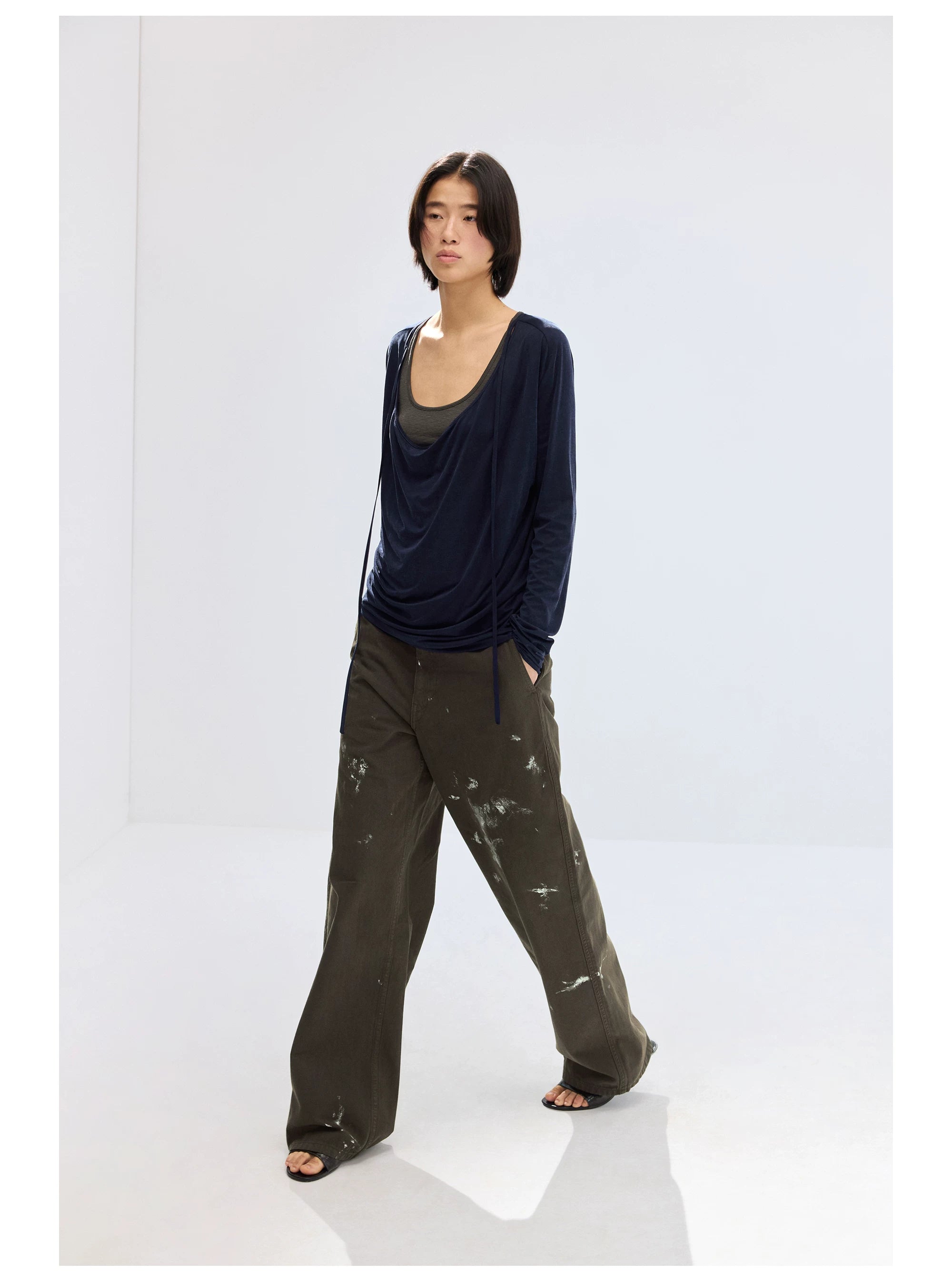 Dark Olive Paint-Splatter Straight-Leg Pants