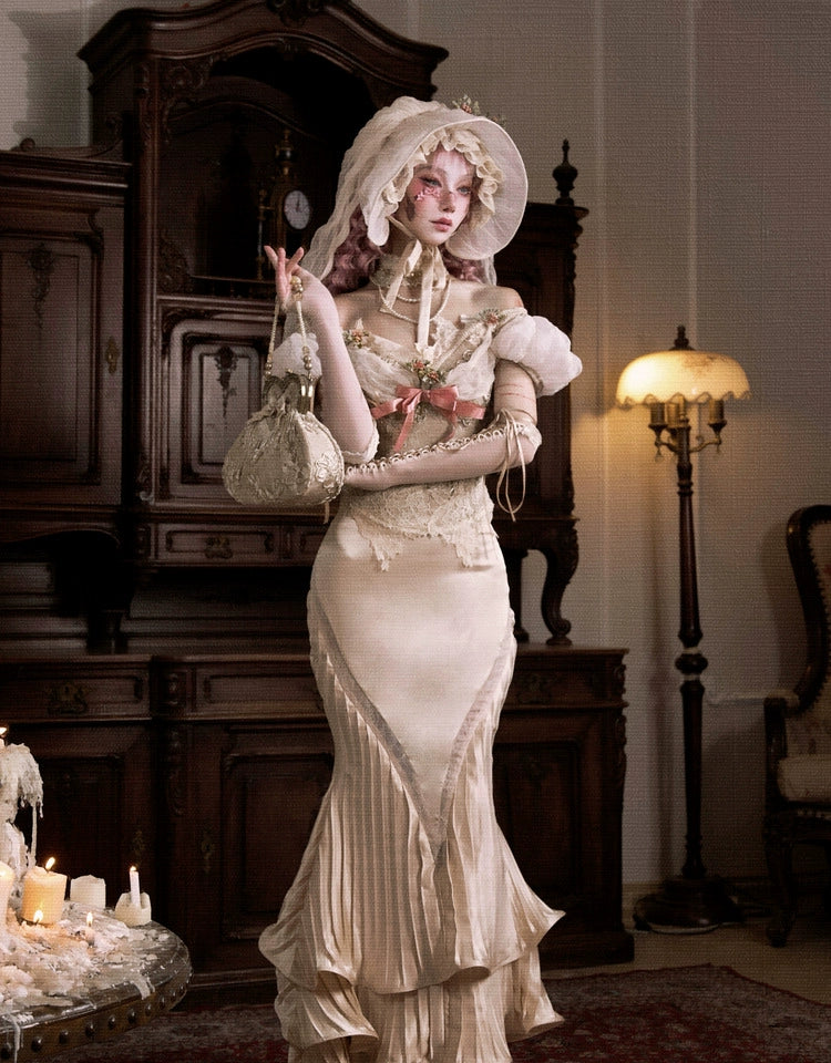 Victorian Ivory Bonnet with Floral Embellishments