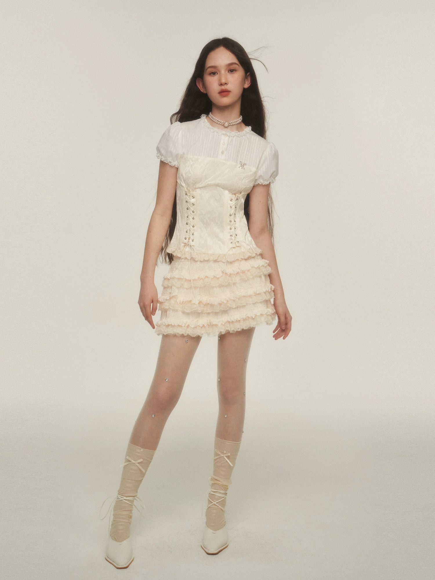 Victorian Style Corset Blouse with Puff Sleeves and Lace Trim