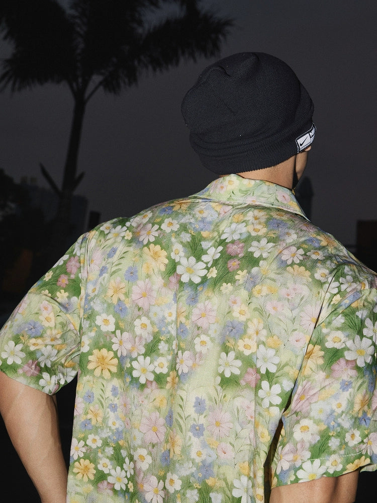 Green Floral Short Sleeve Button-Up Shirt