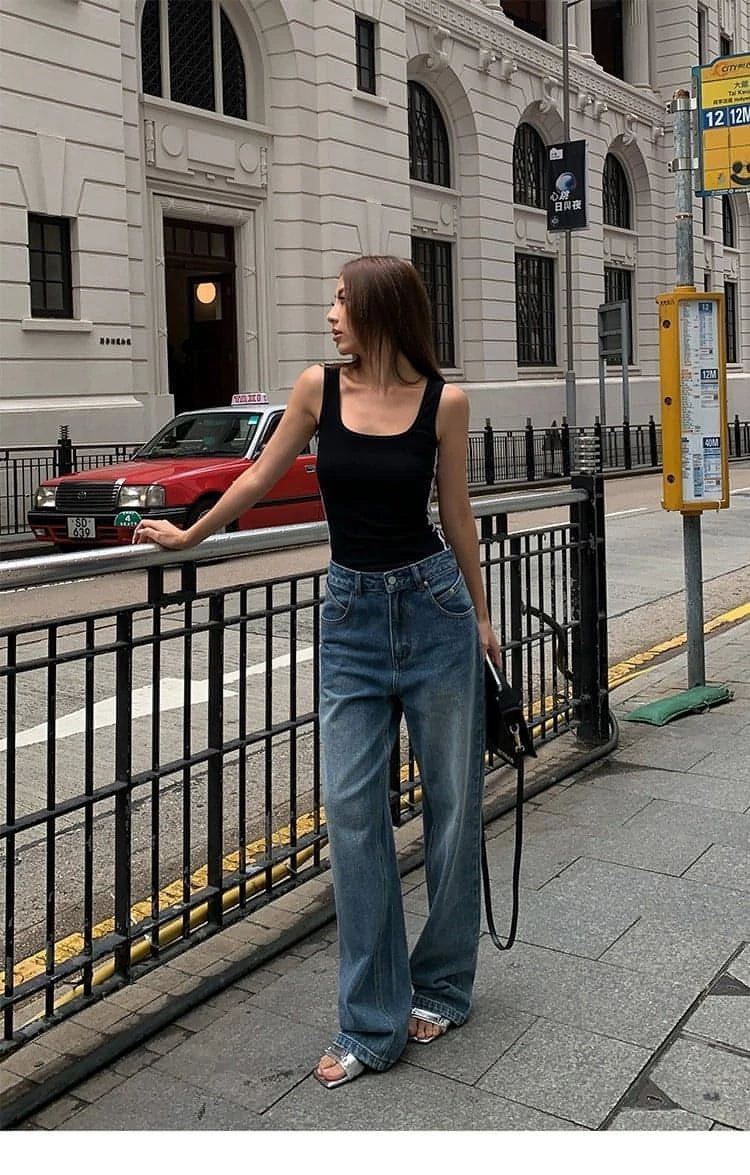 Summer Collection - Blue High-Waist Loose Wide-Leg Denim Jeans - chiclara