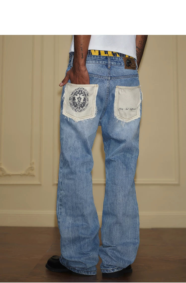 Contrast Patch Pocket Wide Leg Jeans