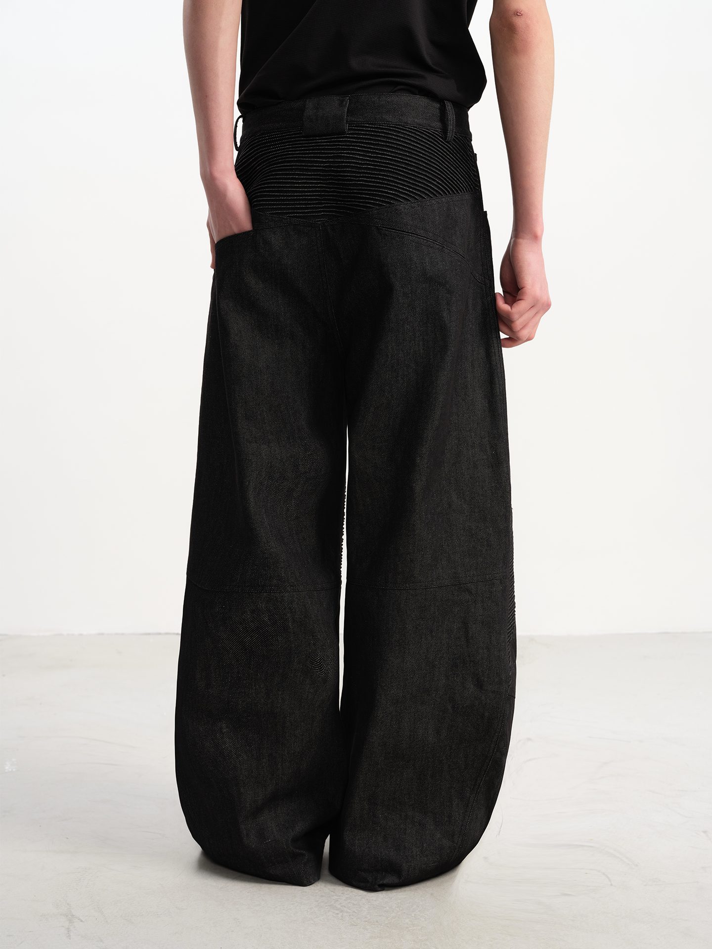 Ribbed Knee Panels Wide-Leg Denim Pants