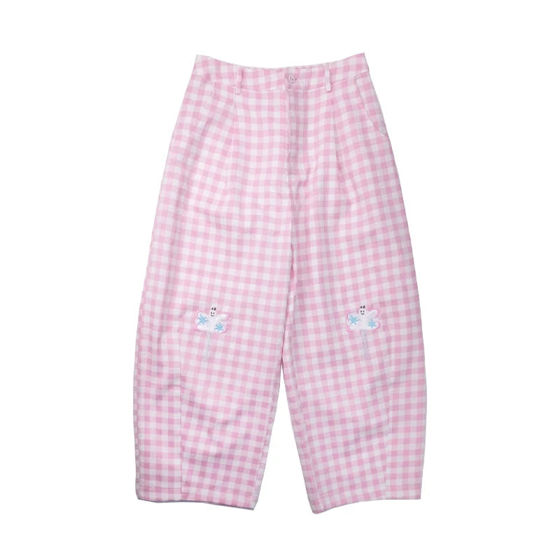 Pink Gingham Ghost Embroidered Wide Leg Pants