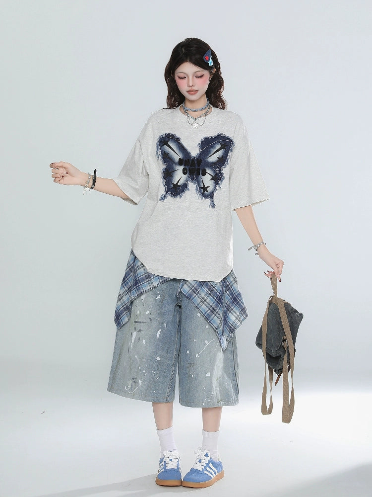 Plaid Overlay Distressed Denim Culottes